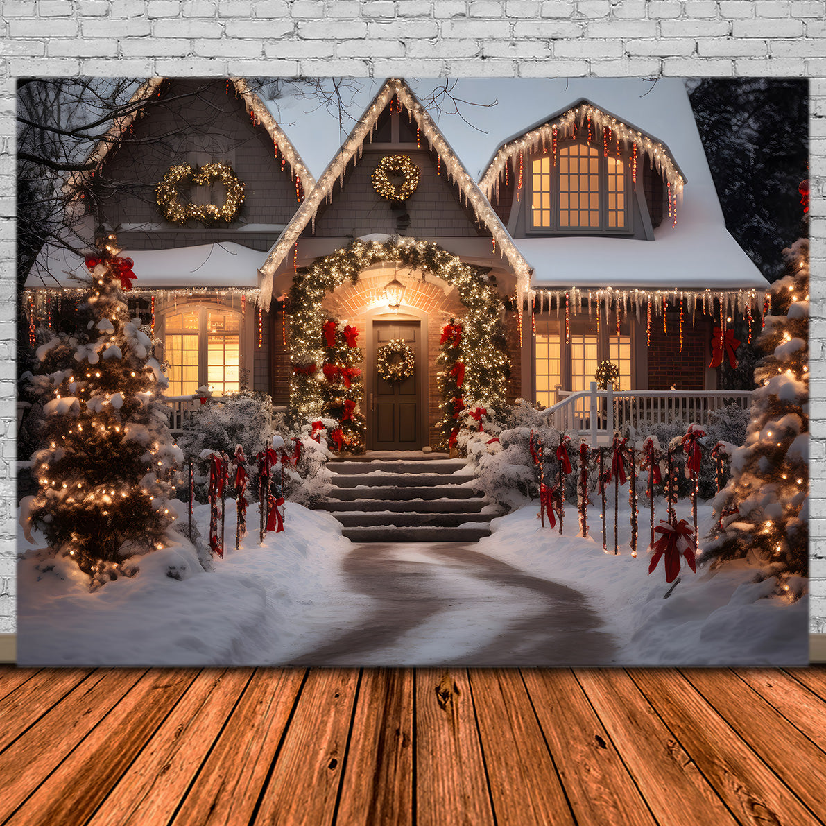 Toile de Fond de Chalet avec Lumières Après la Neige de Noël RR8-212