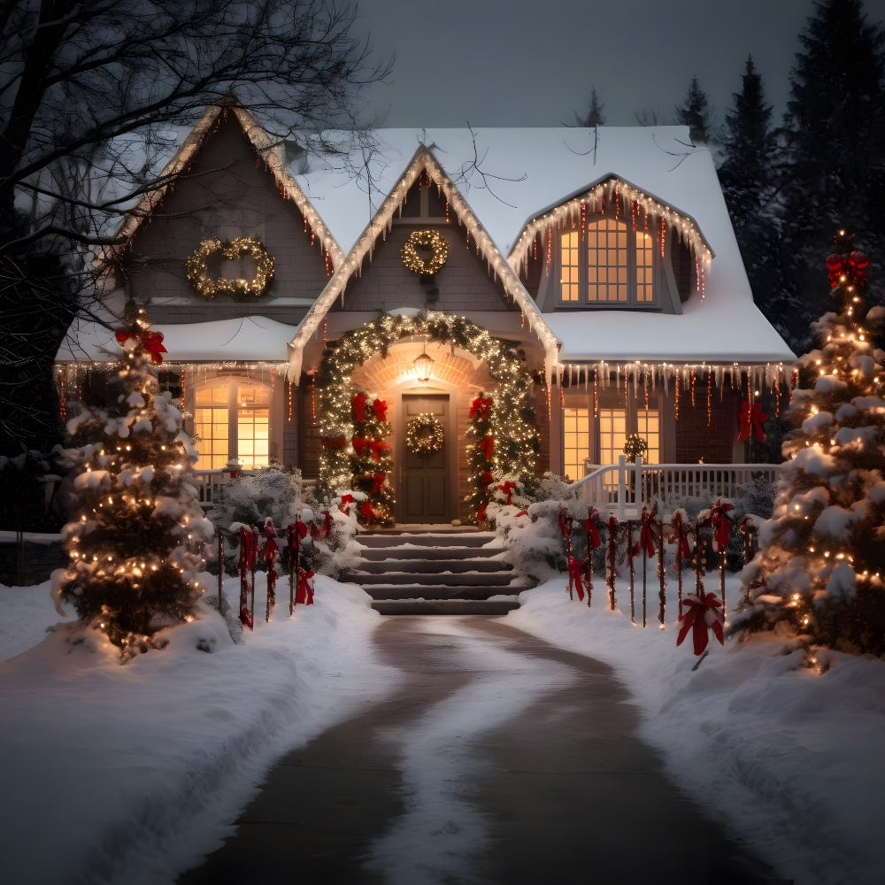Toile de Fond de Chalet avec Lumières Après la Neige de Noël RR8-212