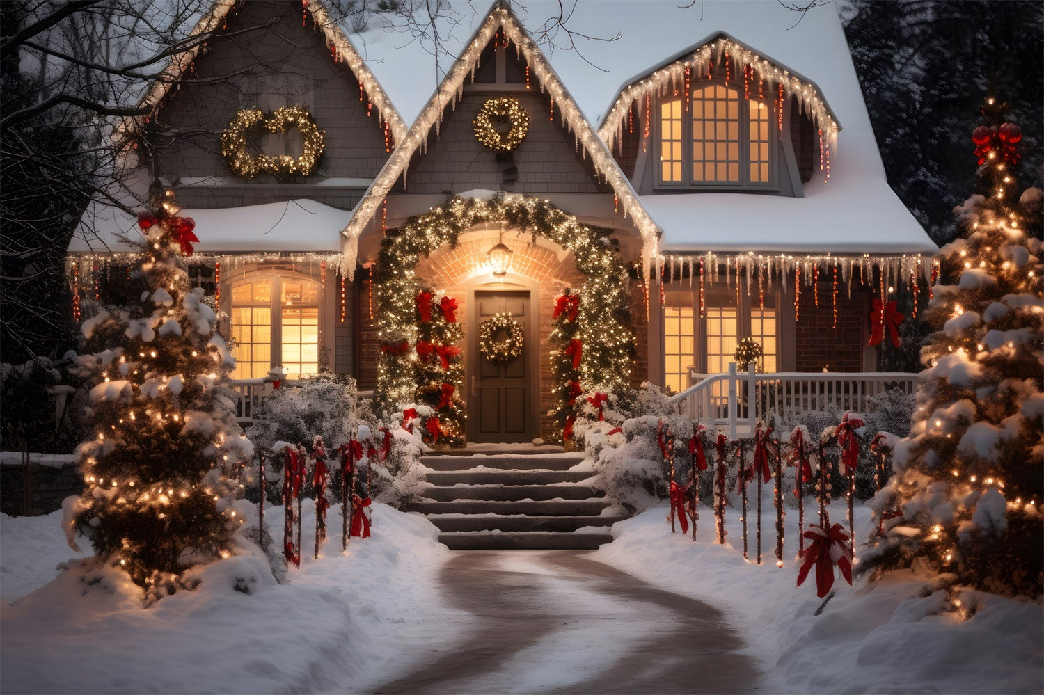 Toile de Fond de Chalet avec Lumières Après la Neige de Noël RR8-212