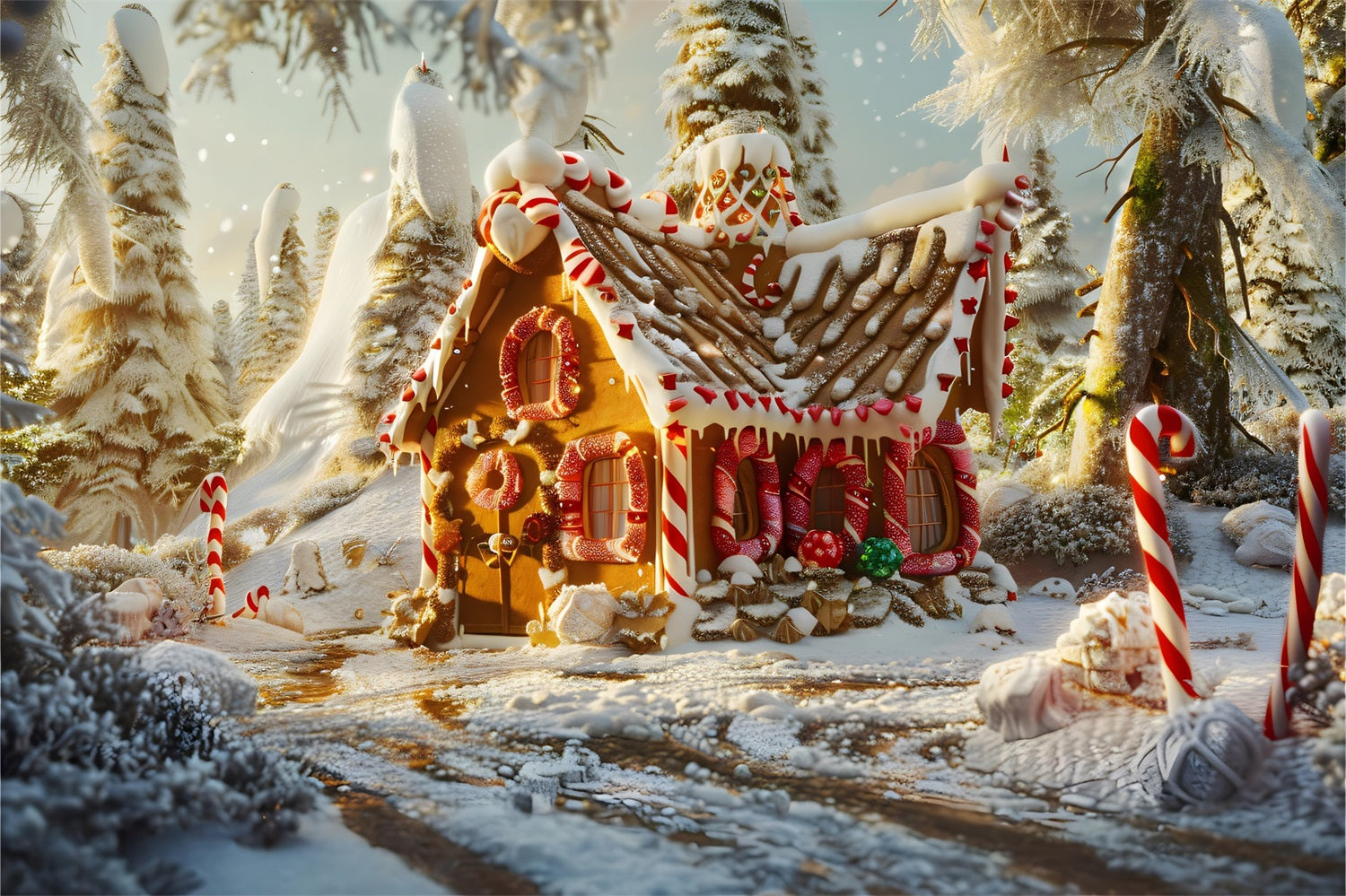 Toile de Fond de Maison Enneigée au Coucher du Soleil de Noël RR8-215