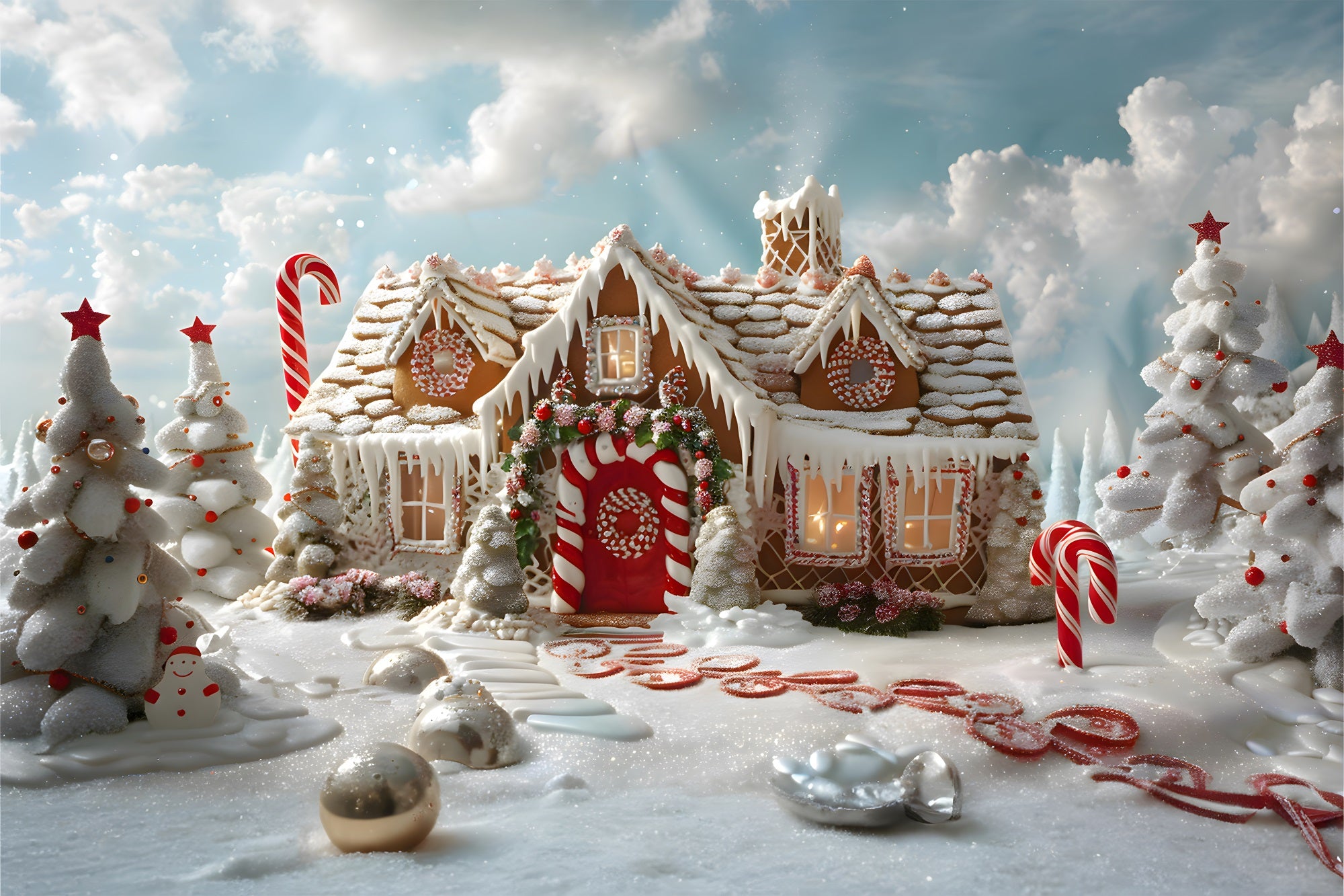 Toile de Fond de Maison Enneigée au Lever du Soleil de Noël RR8-216