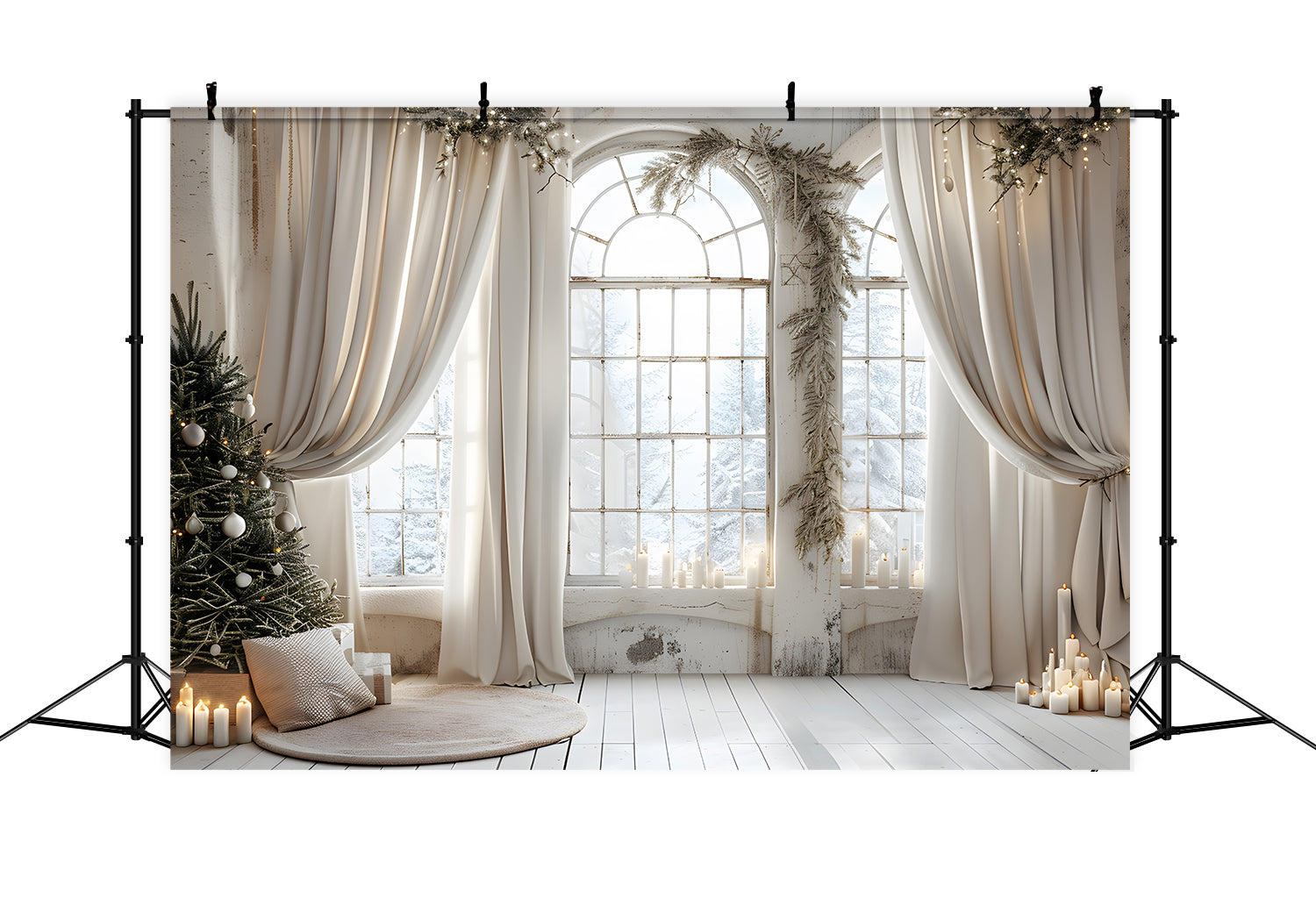 Toile de Fond Élégante de Rideaux Enneigés de Noël RR8-223