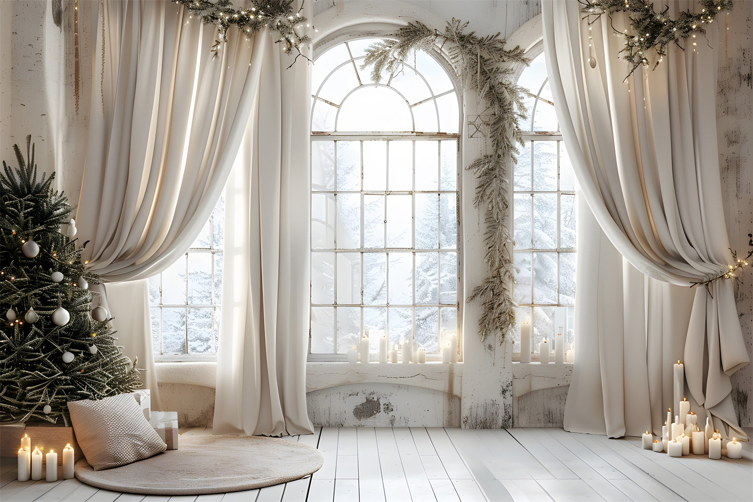 Toile de Fond Élégante de Rideaux Enneigés de Noël RR8-223