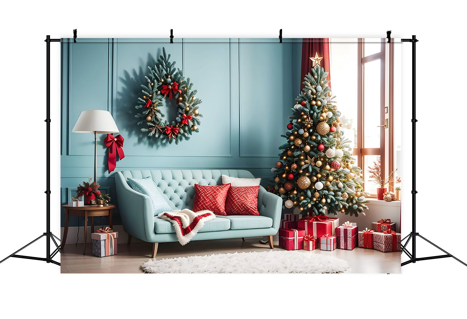 Toile de Fond de Salon Confortable avec Accents Rouges de Noël RR8-227