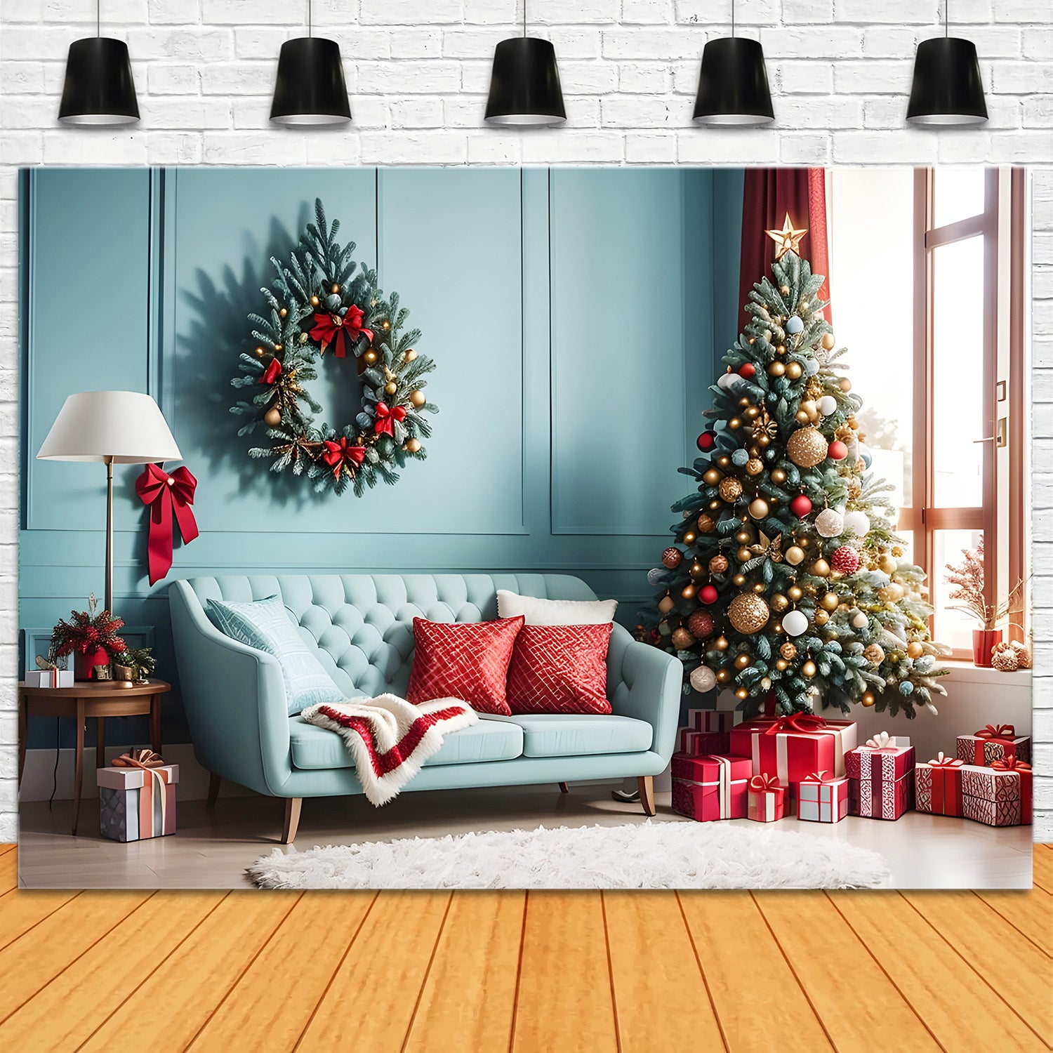 Toile de Fond de Salon Confortable avec Accents Rouges de Noël RR8-227
