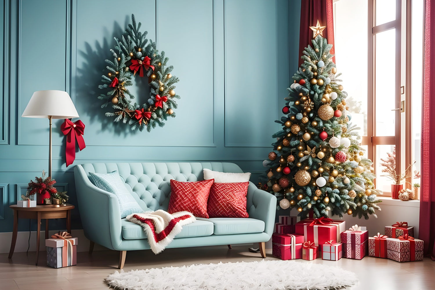 Toile de Fond de Salon Confortable avec Accents Rouges de Noël RR8-227