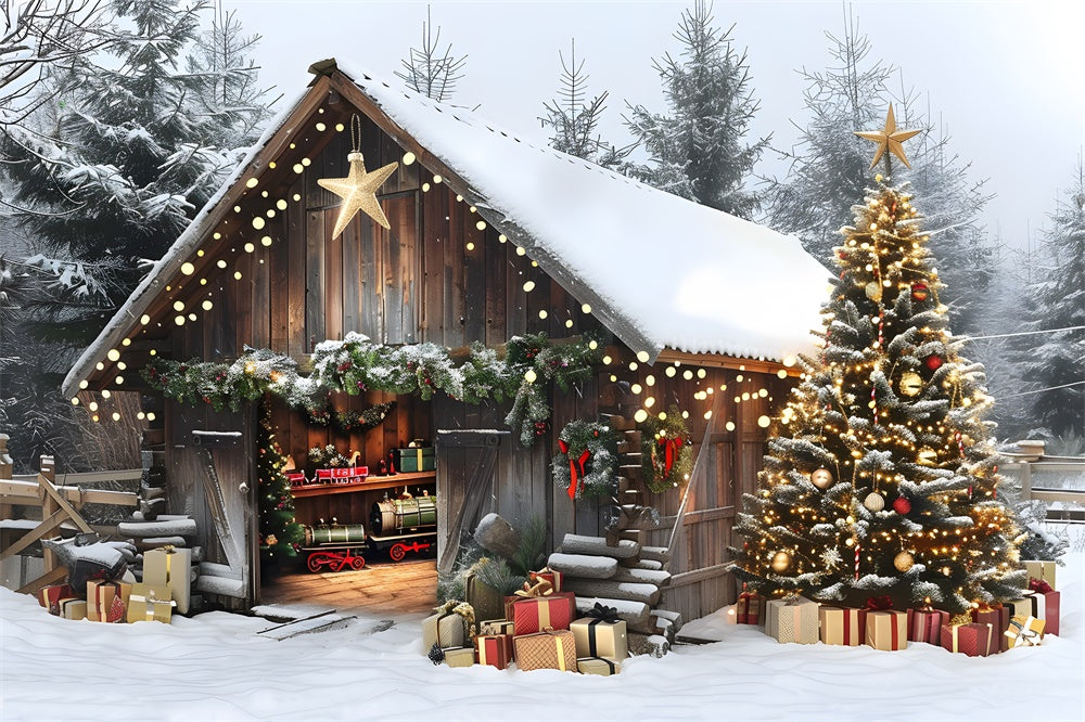 Toile de fond Maison en Bois Sapins Illuminés de Noël RR8-23