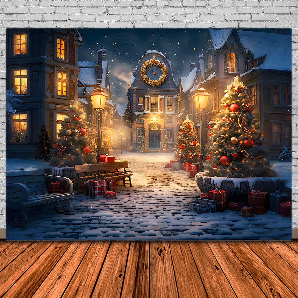 Toile de Fond de Scène de Village Enneigé Enchantée de Noël RR8-230