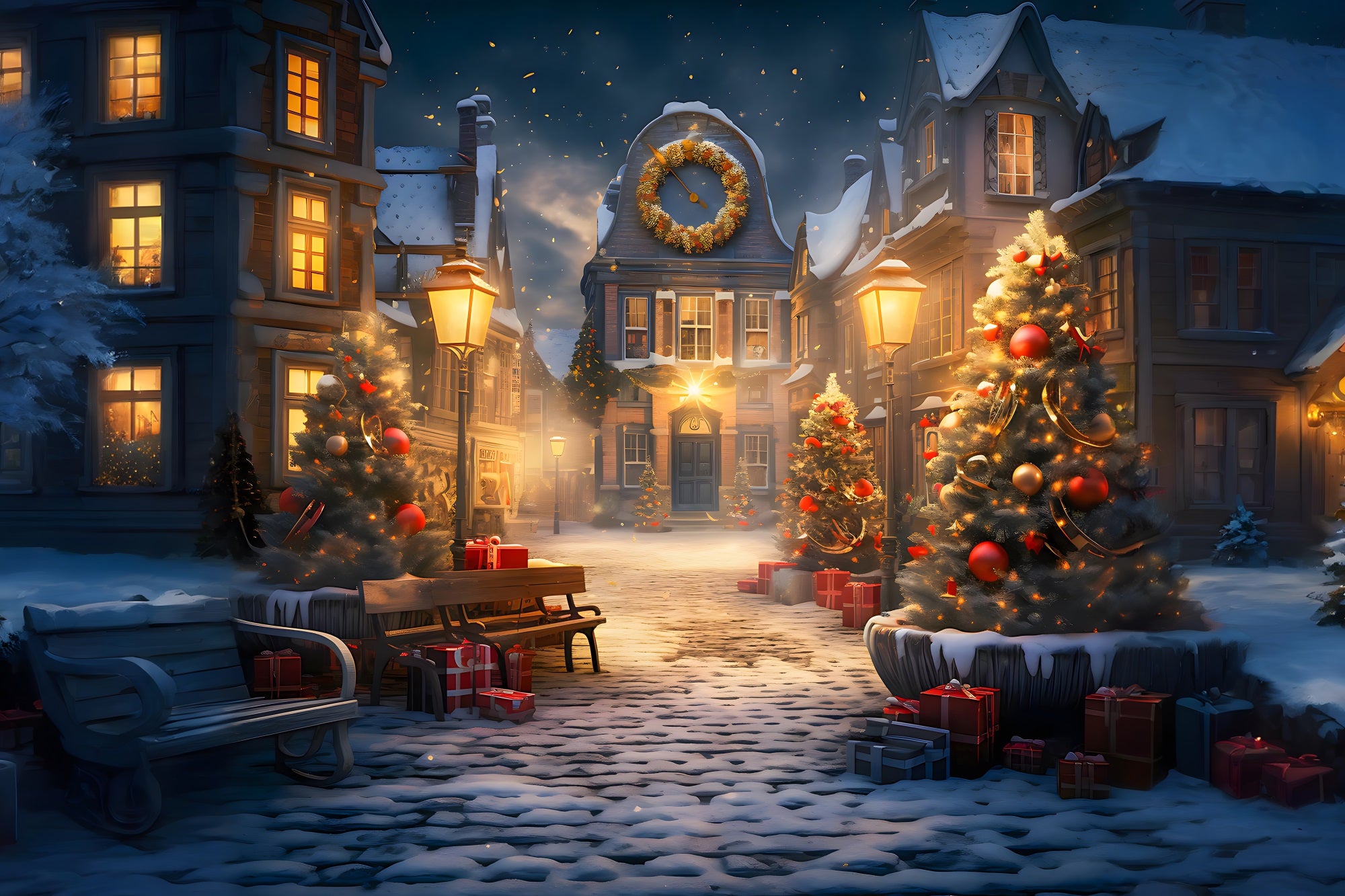 Toile de Fond de Scène de Village Enneigé Enchantée de Noël RR8-230