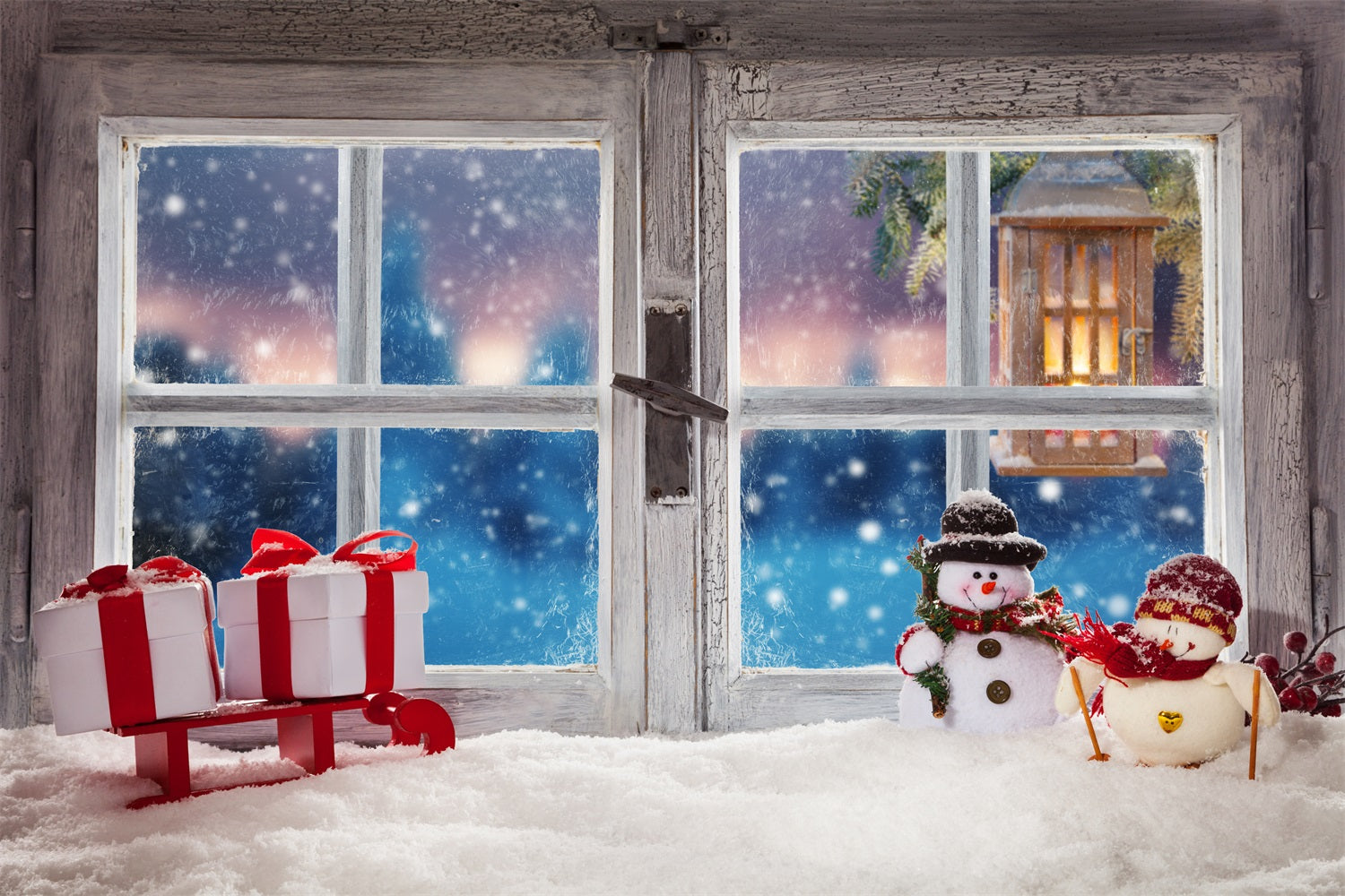 Toile de Fond de Fenêtre Confortable avec Bonhomme de Neige de Noël RR8-231