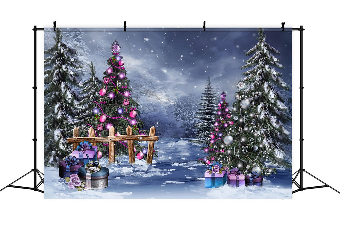 Toile de Fond de Forêt Hivernale Enchantée avec Cadeaux de Noël RR8-233