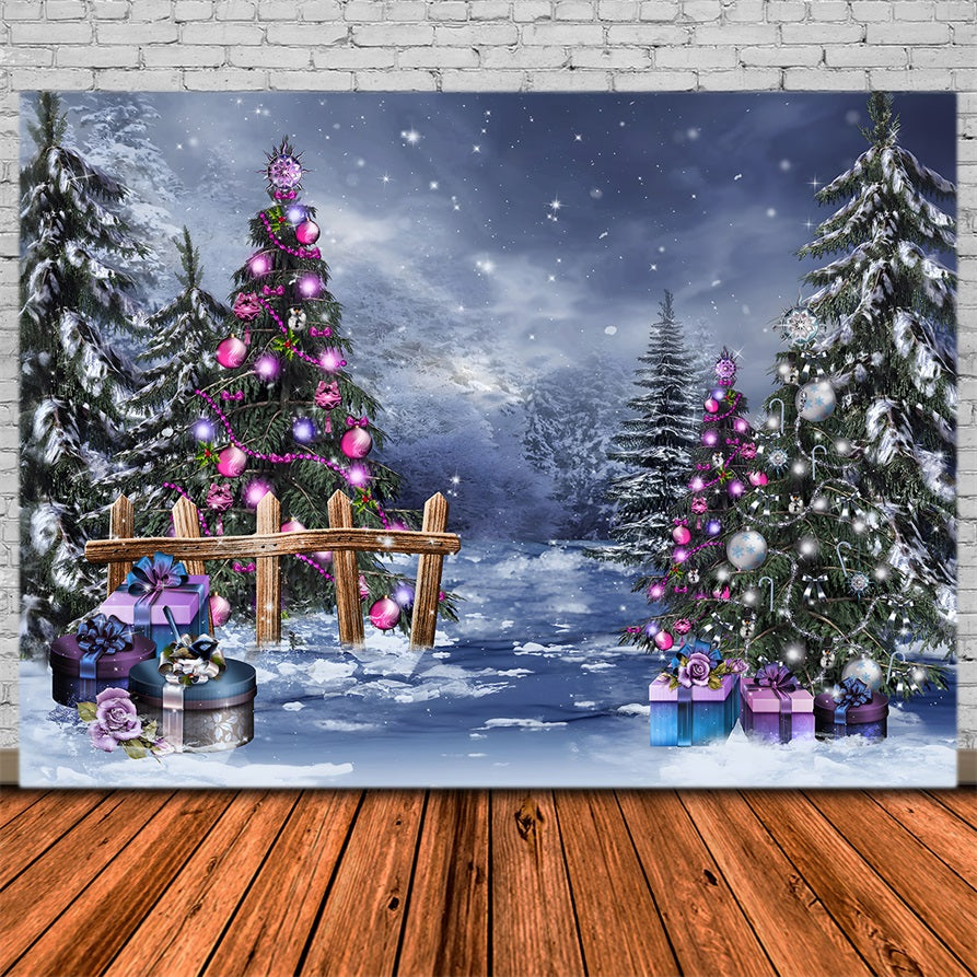 Toile de Fond de Forêt Hivernale Enchantée avec Cadeaux de Noël RR8-233