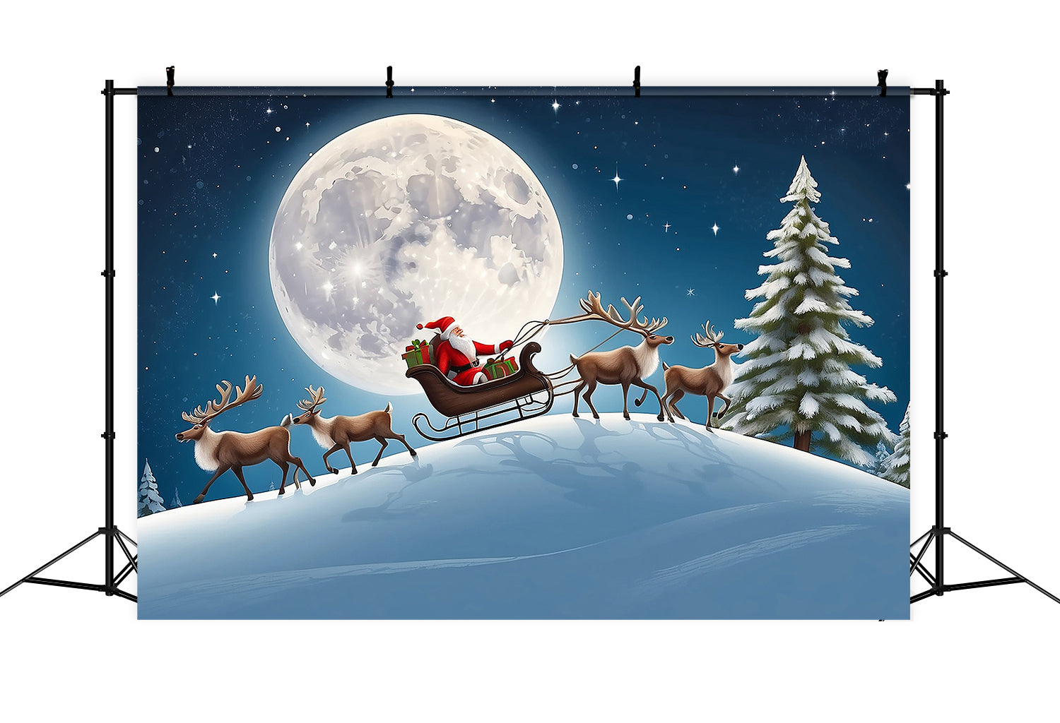 Toile de Fond de Traîneau du Père Noël sous la Lune de Noël RR8-234