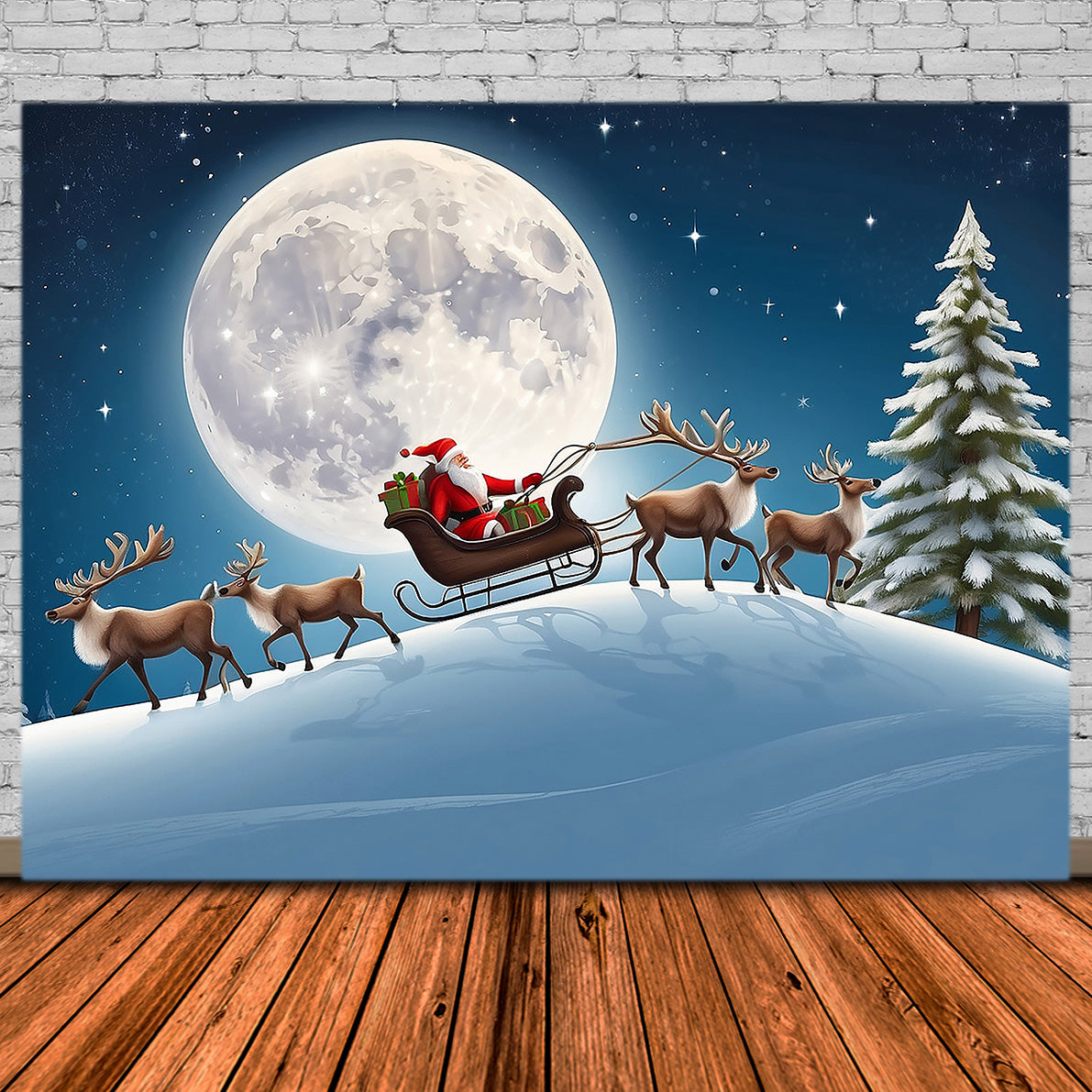 Toile de Fond de Traîneau du Père Noël sous la Lune de Noël RR8-234