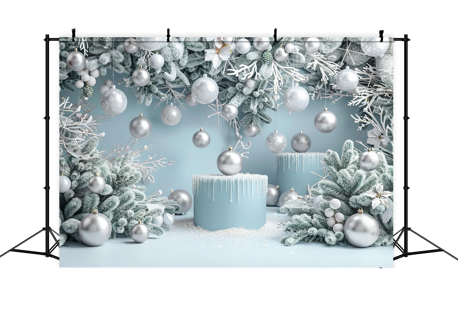 Toile de Fond de Pays des Merveilles Bleu Glacé avec Ornements de Noël RR8-239