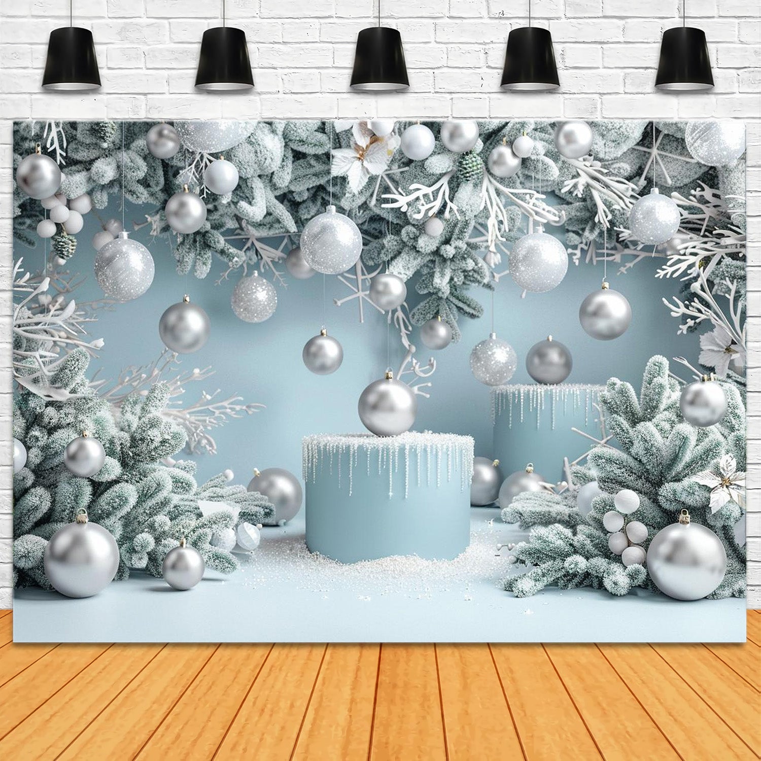 Toile de Fond de Pays des Merveilles Bleu Glacé avec Ornements de Noël RR8-239