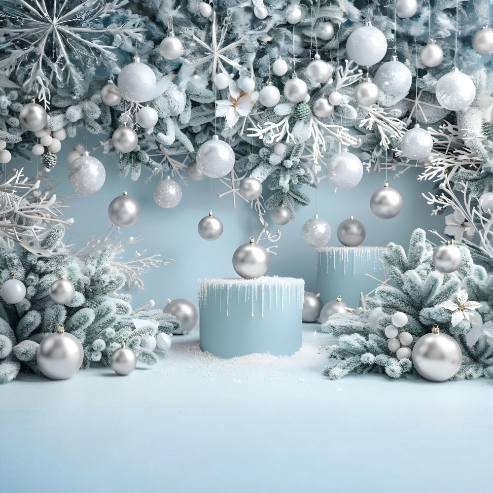 Toile de Fond de Pays des Merveilles Bleu Glacé avec Ornements de Noël RR8-239