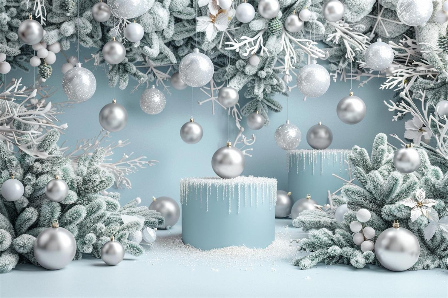 Toile de Fond de Pays des Merveilles Bleu Glacé avec Ornements de Noël RR8-239