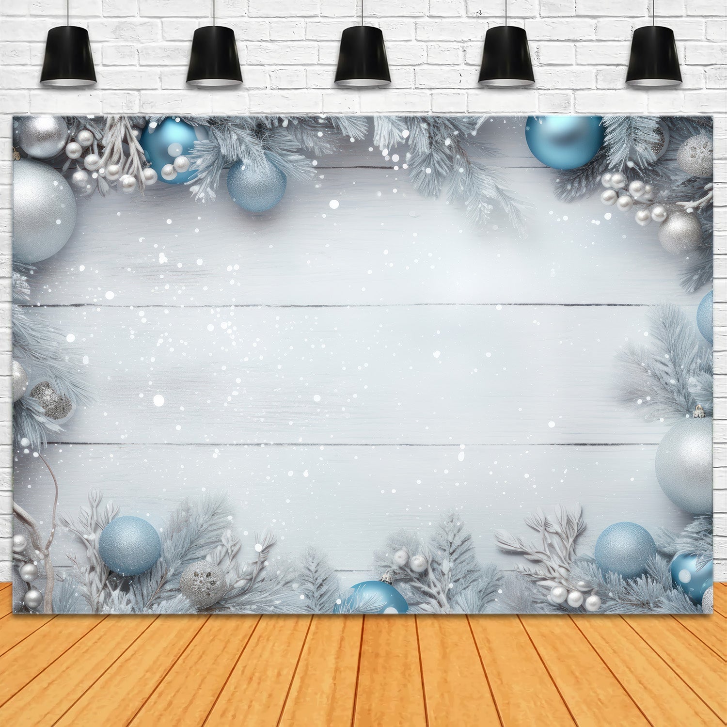 Toile de Fond de Guirlande Givrée sur Bois Blanc de Noël RR8-240