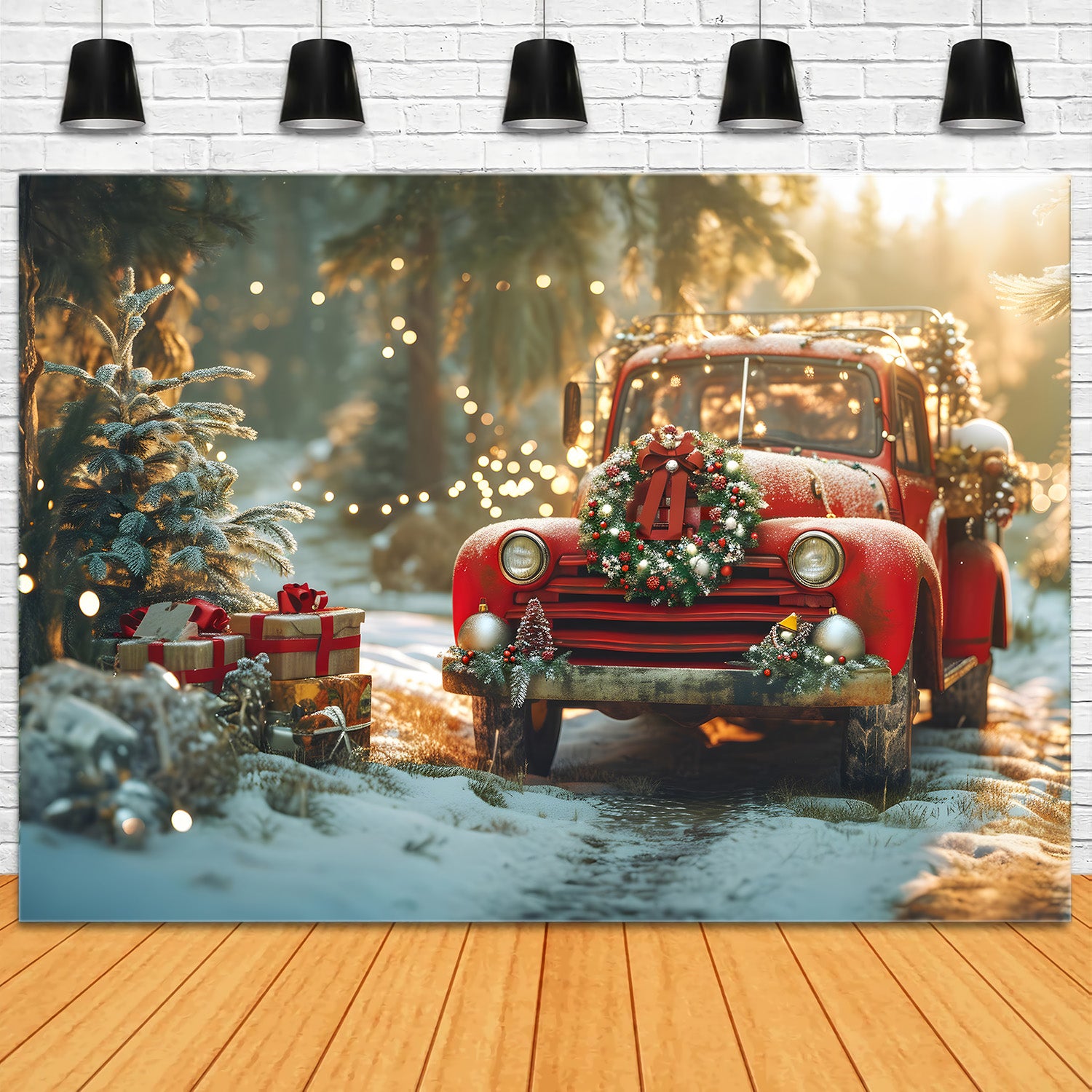 Toile de Fond de Camion Vintage avec Couronne Festive de Noël RR8-250