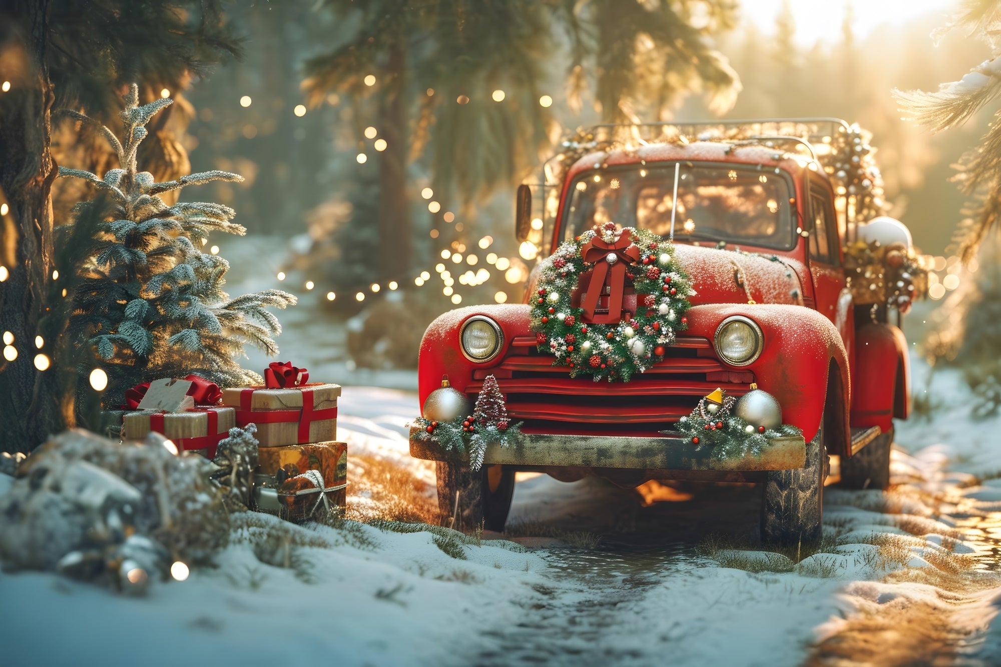 Toile de Fond de Camion Vintage avec Couronne Festive de Noël RR8-250