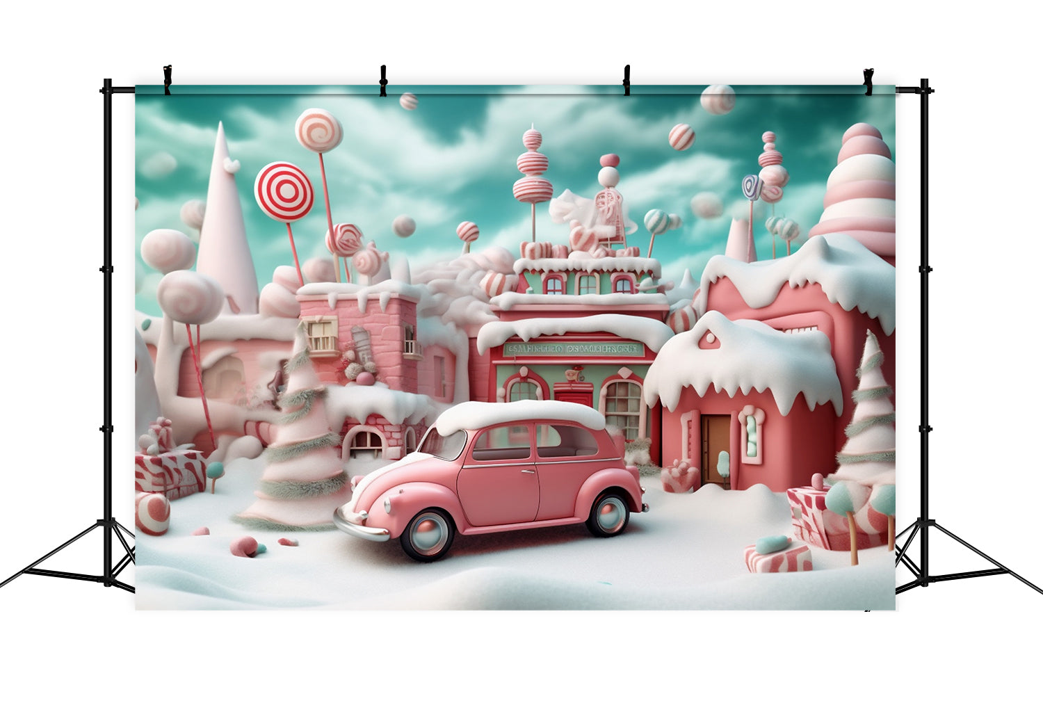 Toile de Fond de Village de Bonbons Rose avec Voiture de Noël RR8-251