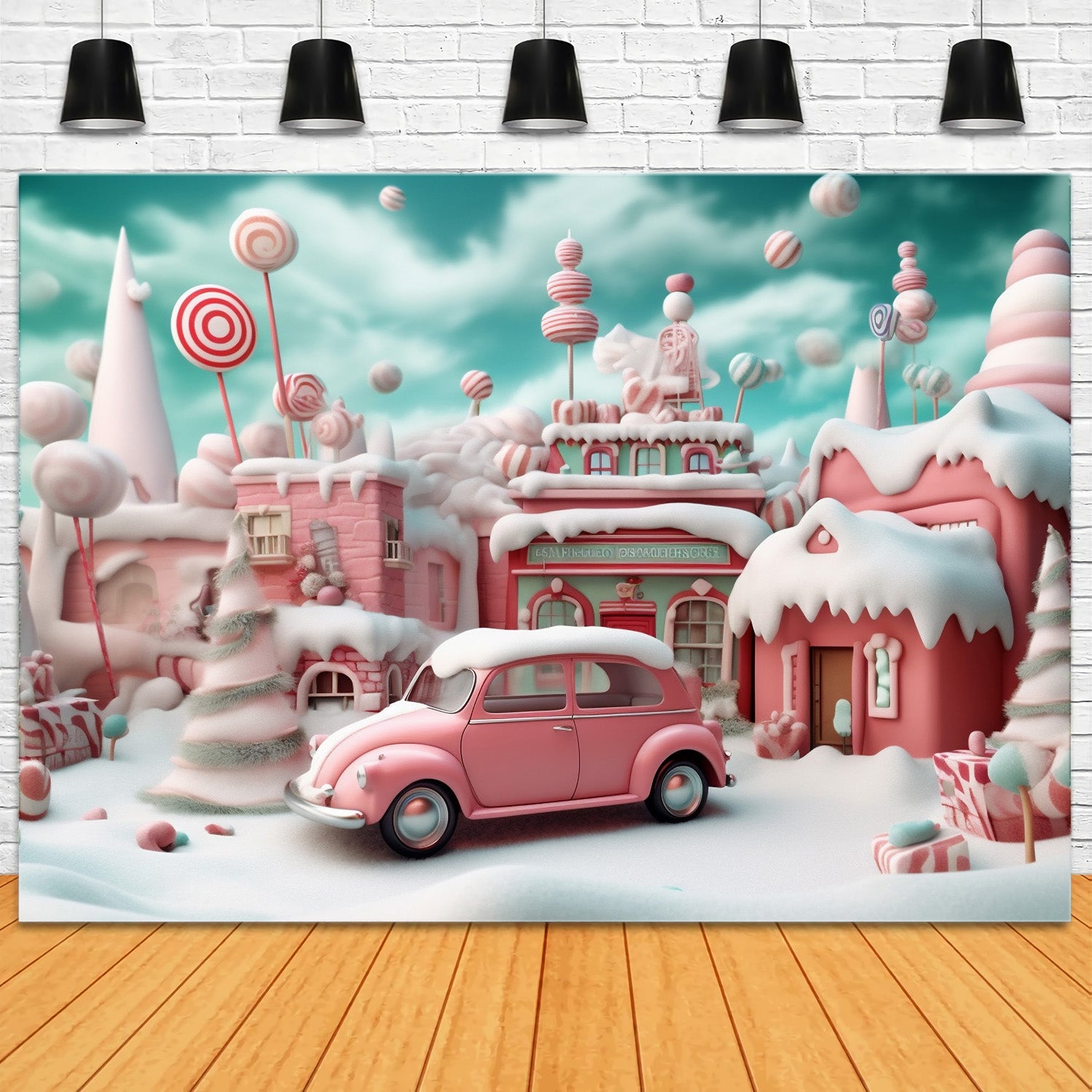 Toile de Fond de Village de Bonbons Rose avec Voiture de Noël RR8-251