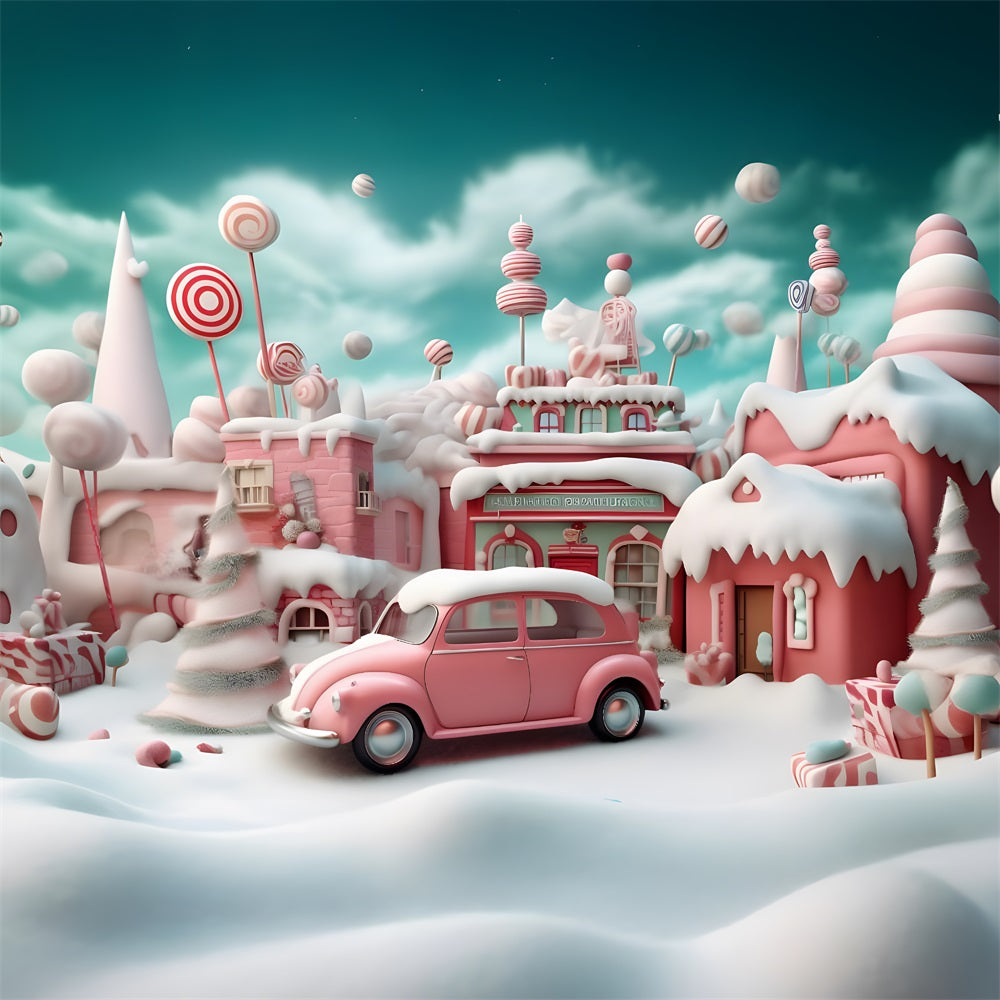 Toile de Fond de Village de Bonbons Rose avec Voiture de Noël RR8-251