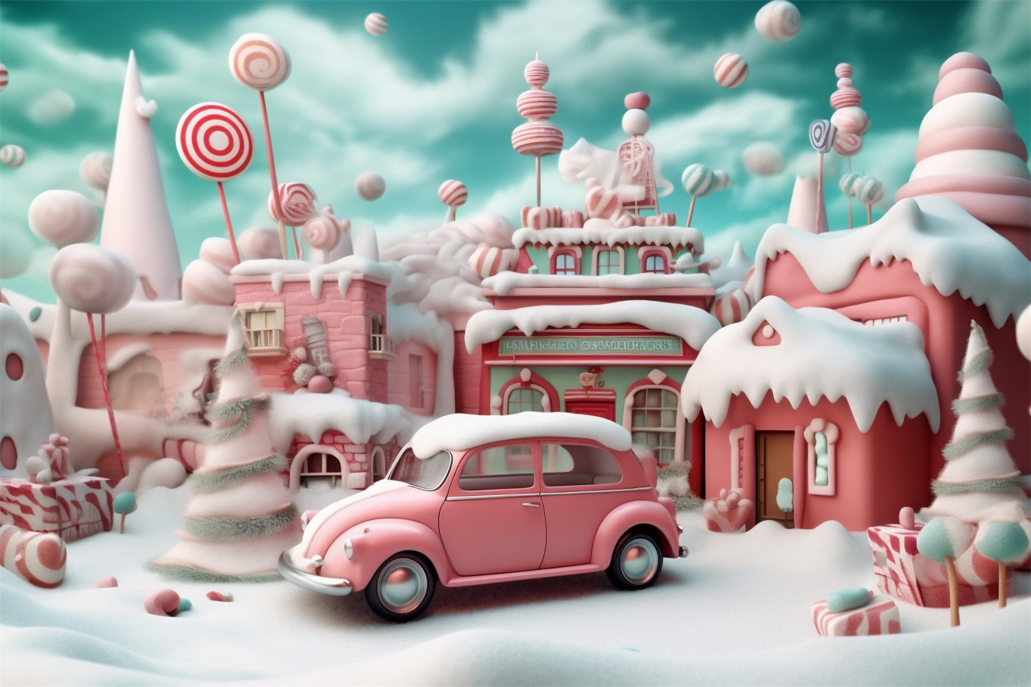 Toile de Fond de Village de Bonbons Rose avec Voiture de Noël RR8-251