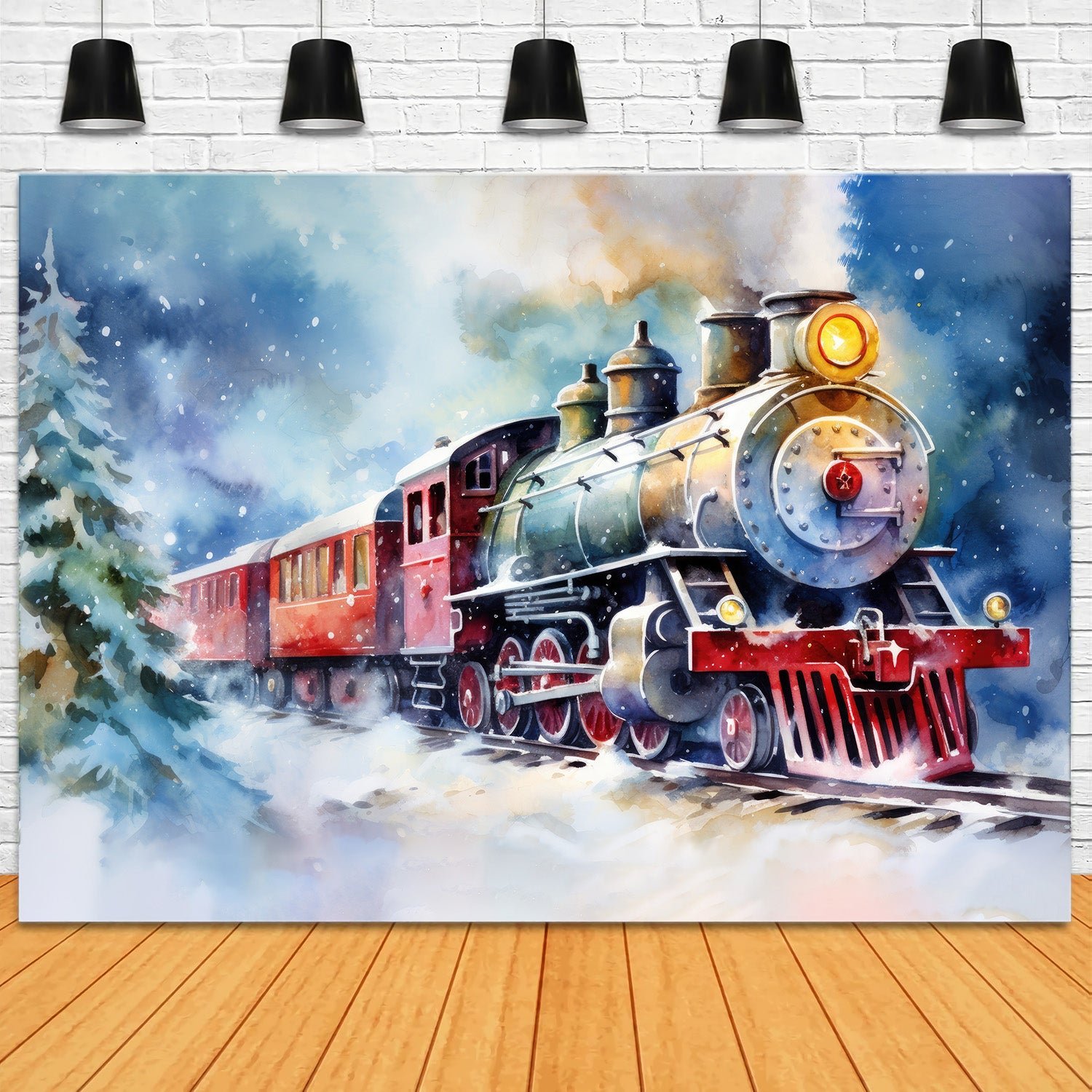 Toile de Fond d'Aquarelle de Train dans une Scène Hivernale de Noël RR8-252