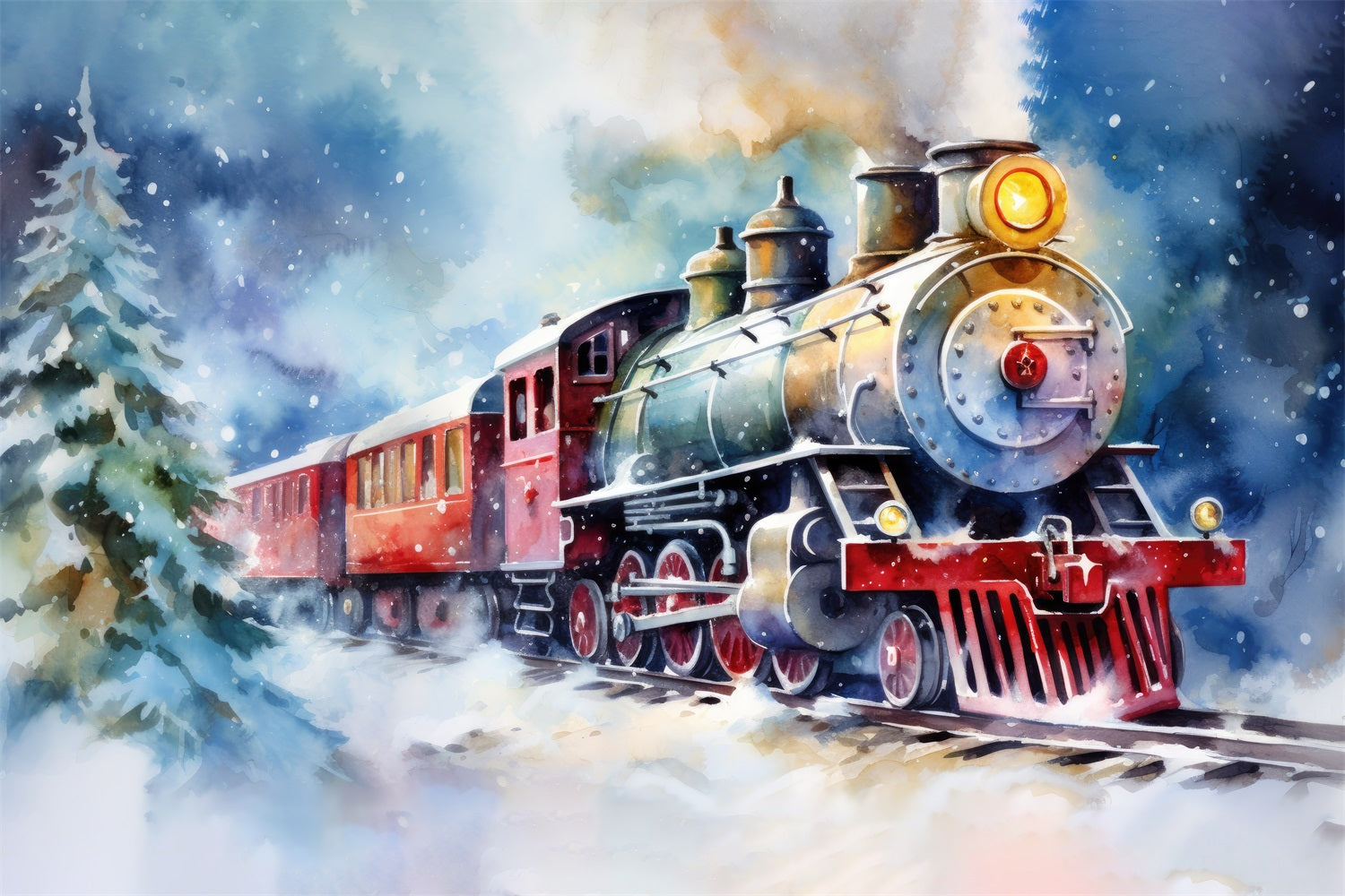 Toile de Fond d'Aquarelle de Train dans une Scène Hivernale de Noël RR8-252