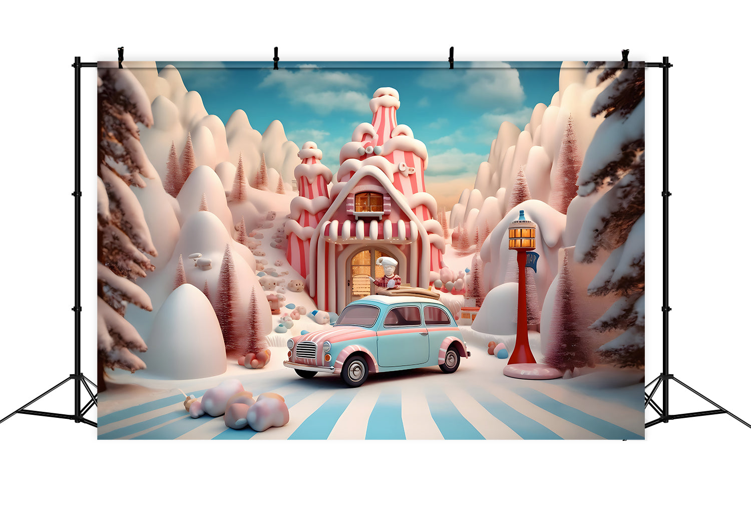 Toile de Fond de Maison en Pain d'Épices avec Voiture de Bonbons de Noël RR8-253