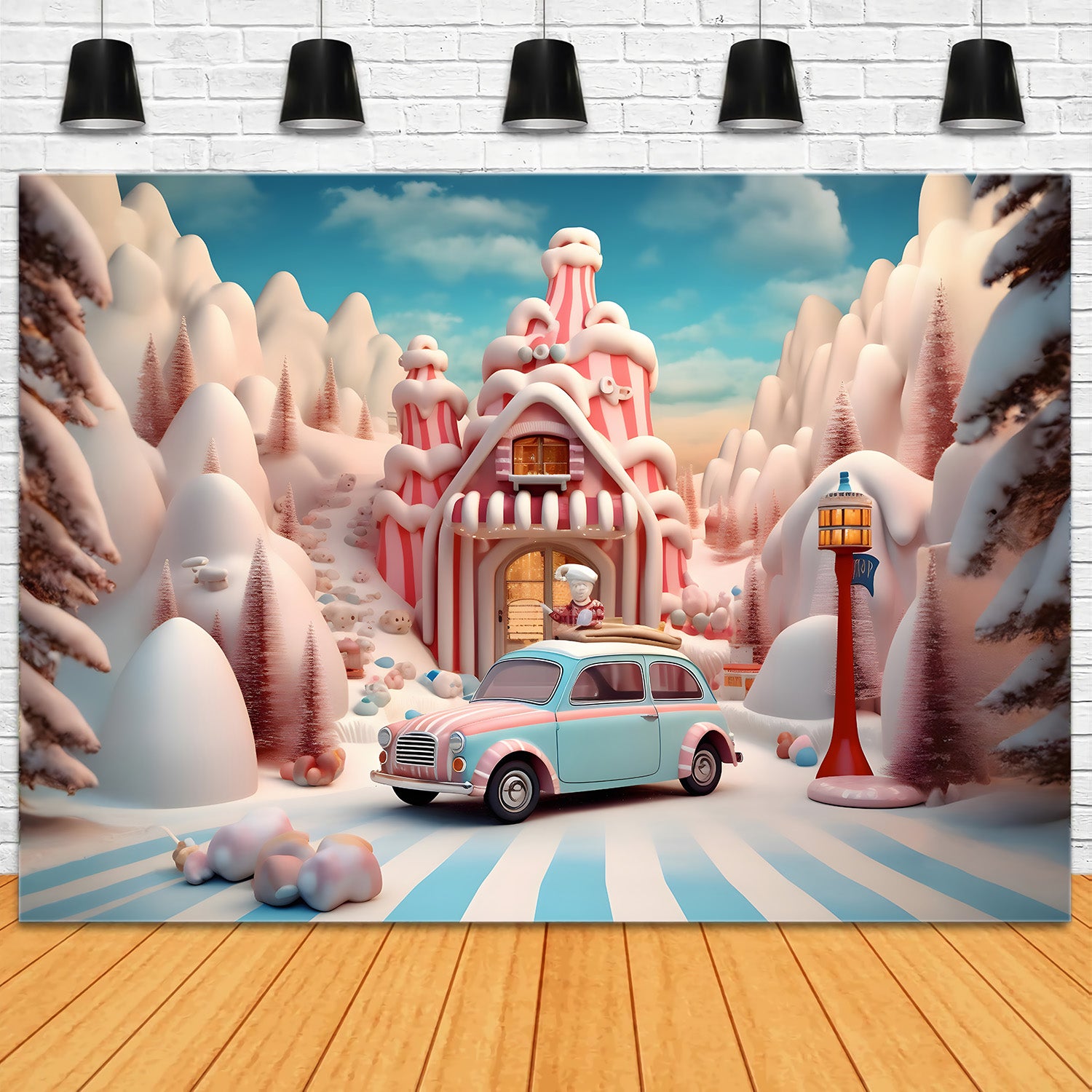 Toile de Fond de Maison en Pain d'Épices avec Voiture de Bonbons de Noël RR8-253