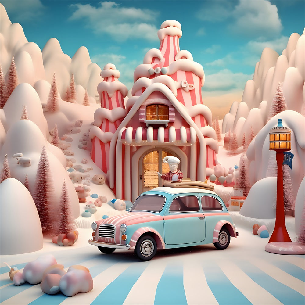 Toile de Fond de Maison en Pain d'Épices avec Voiture de Bonbons de Noël RR8-253