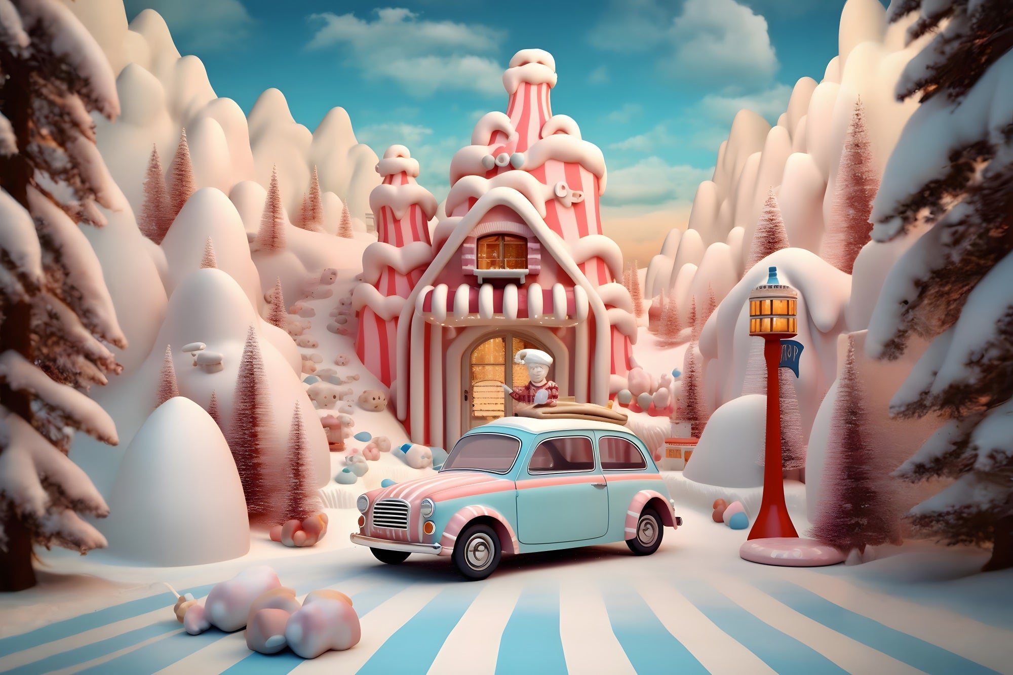 Toile de Fond de Maison en Pain d'Épices avec Voiture de Bonbons de Noël RR8-253