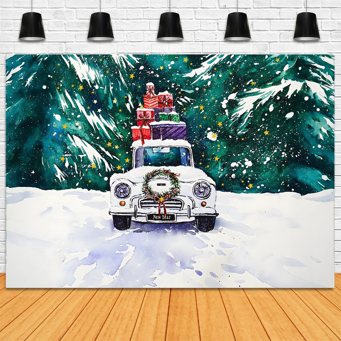 Toile de Fond d'Aquarelle de Voiture avec Cadeaux de Noël RR8-254