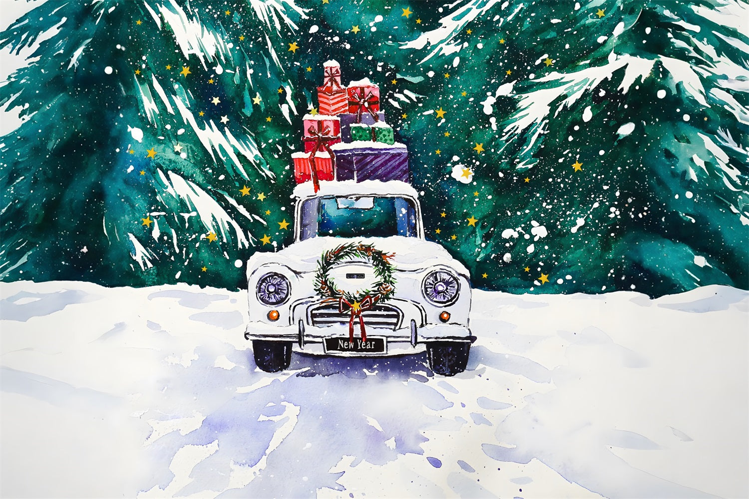 Toile de Fond d'Aquarelle de Voiture avec Cadeaux de Noël RR8-254