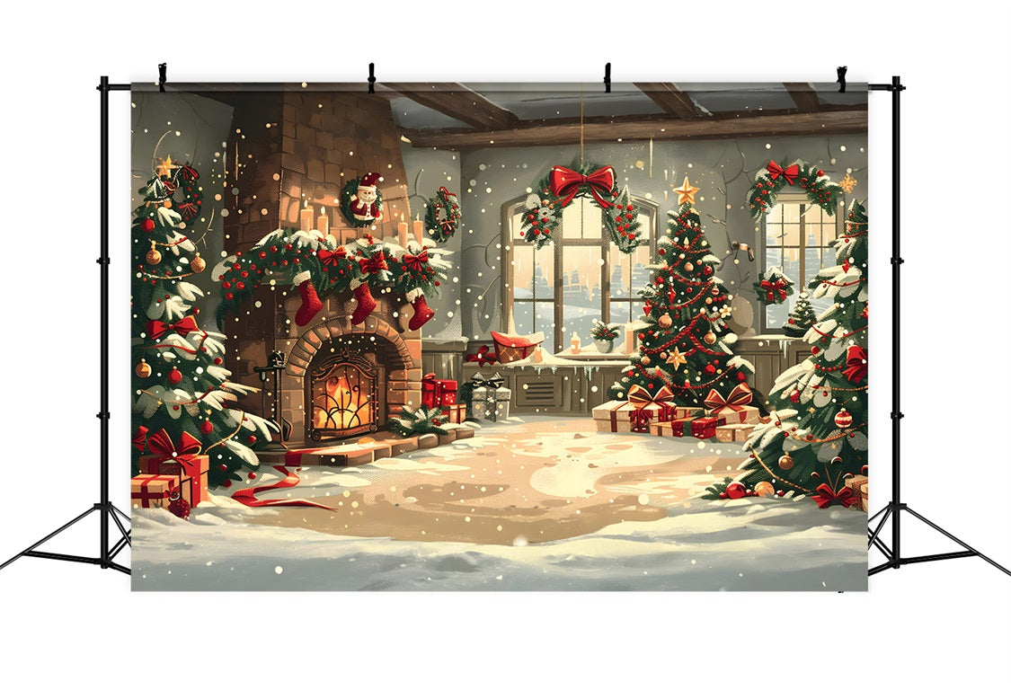 Toile de Fond Confortable de Foyer avec Décor Enneigé de Noël RR8-255