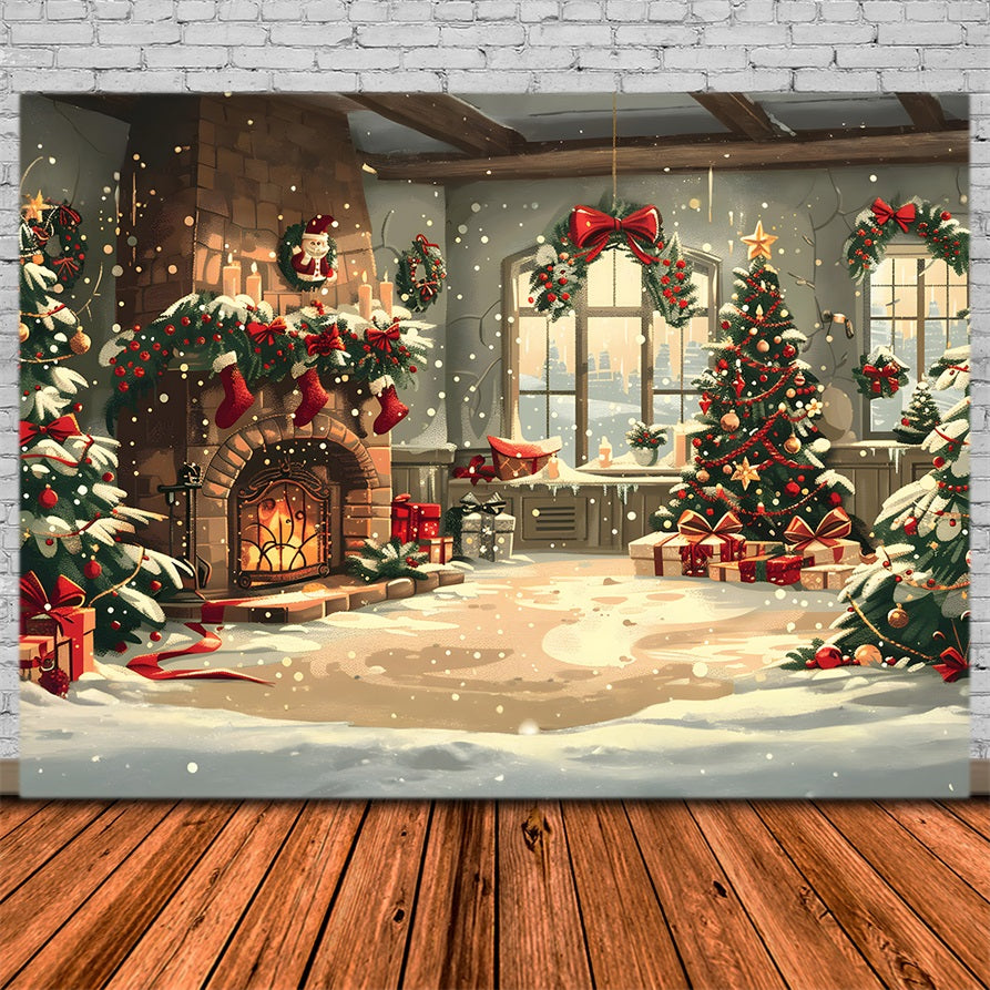 Toile de Fond Confortable de Foyer avec Décor Enneigé de Noël RR8-255