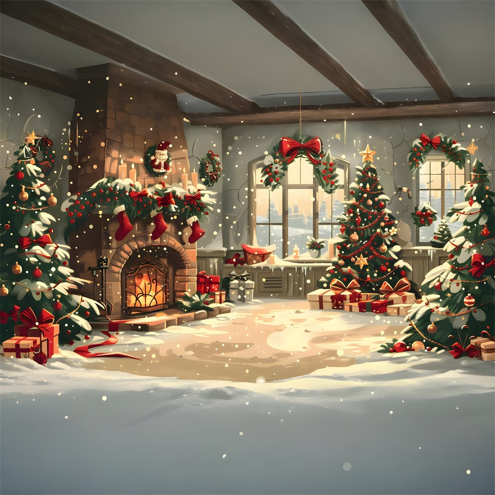 Toile de Fond Confortable de Foyer avec Décor Enneigé de Noël RR8-255