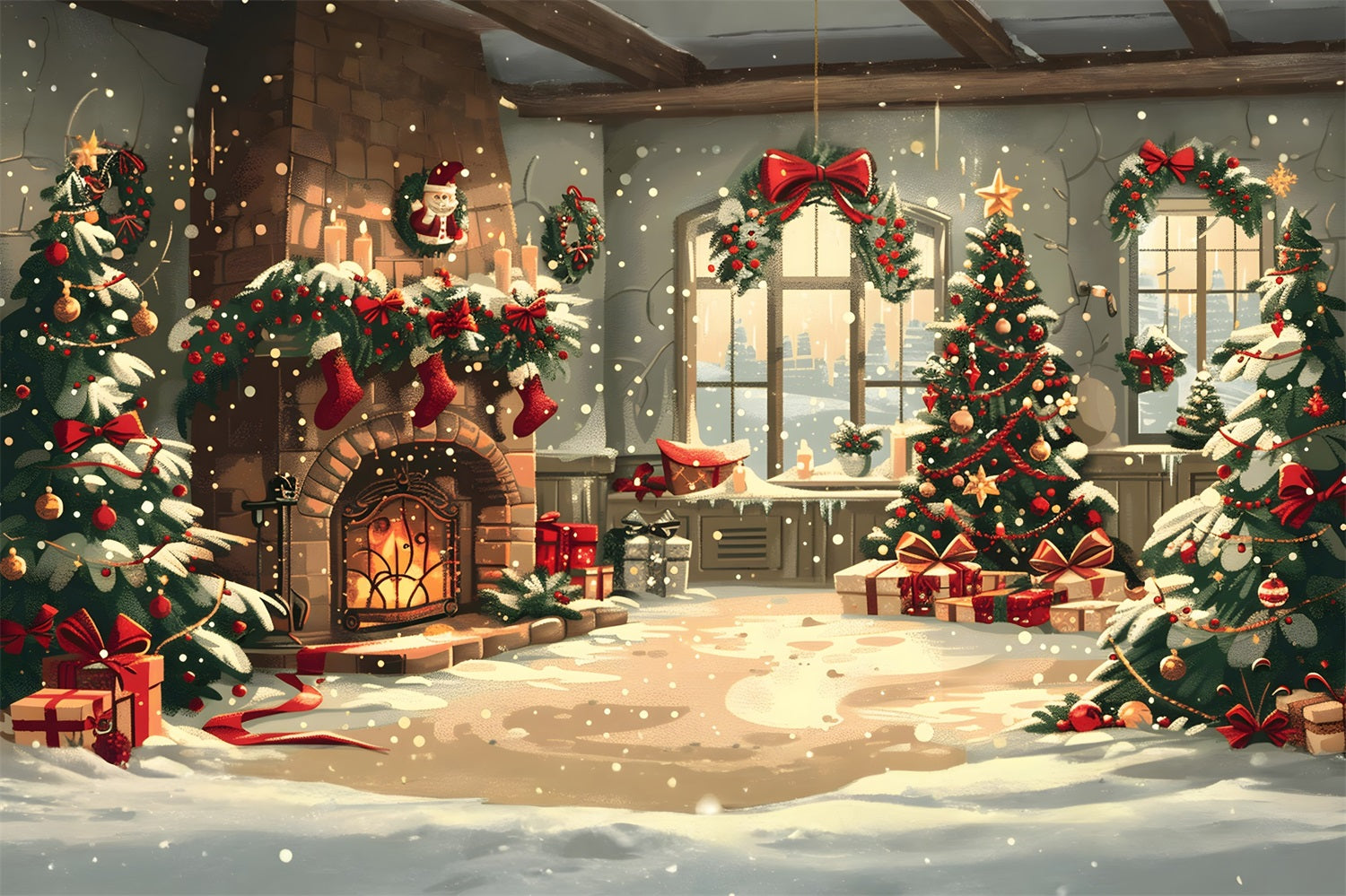 Toile de Fond Confortable de Foyer avec Décor Enneigé de Noël RR8-255