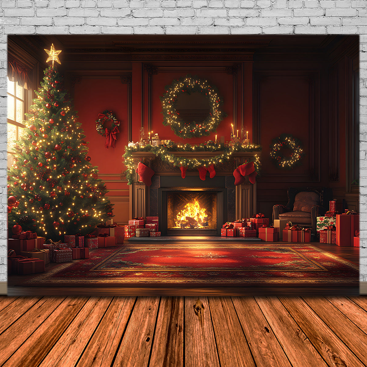 Toile de Fond Élégante de Foyer avec Guirlande de Noël RR8-259
