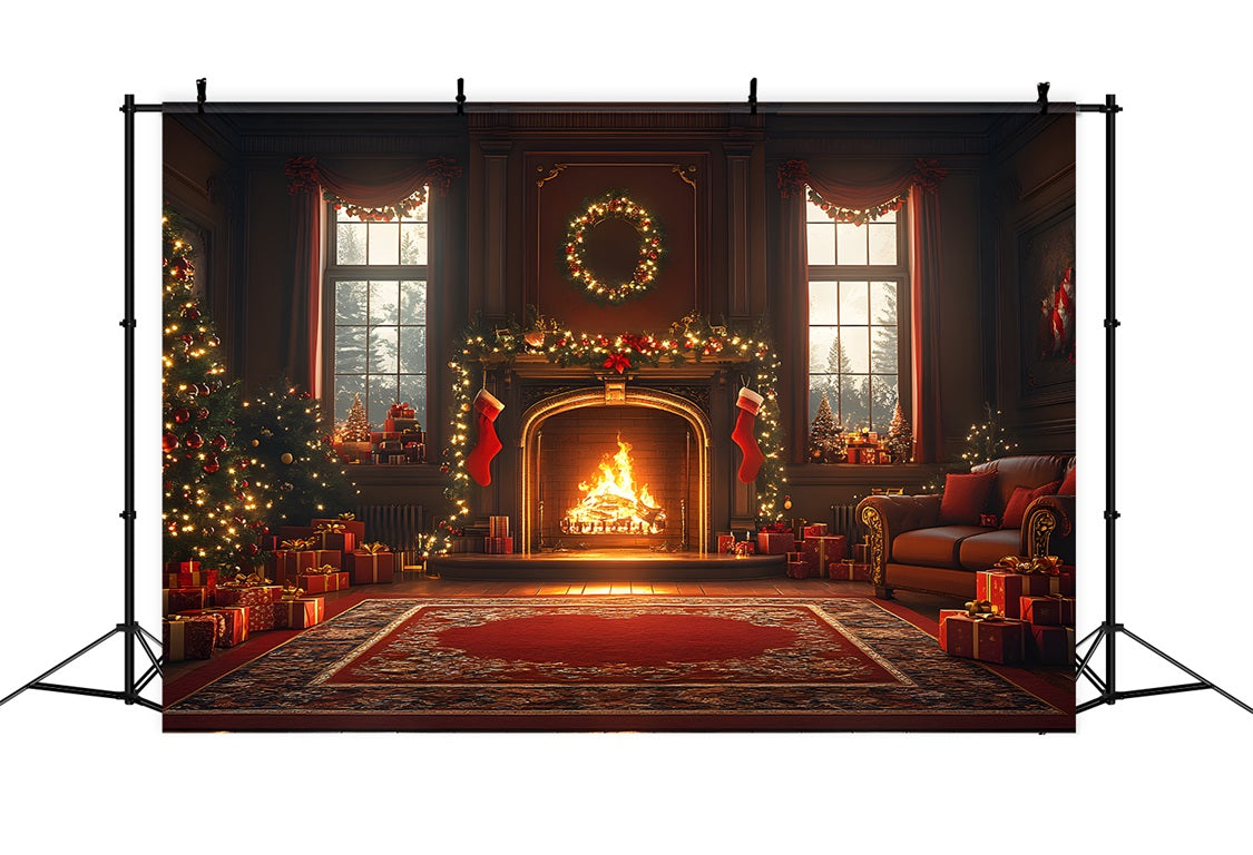 Toile de Fond de Foyer Confortable avec Nœuds Rouges de Noël RR8-261