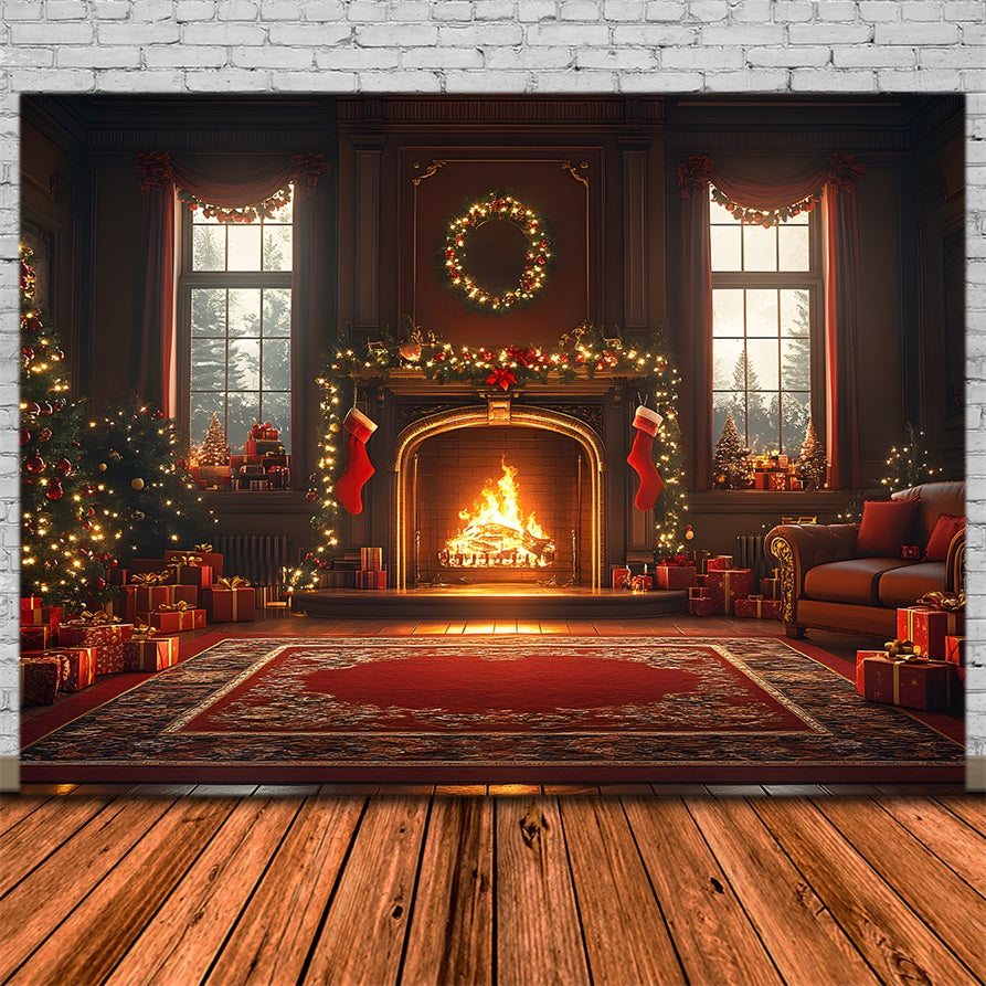 Toile de Fond de Foyer Confortable avec Nœuds Rouges de Noël RR8-261