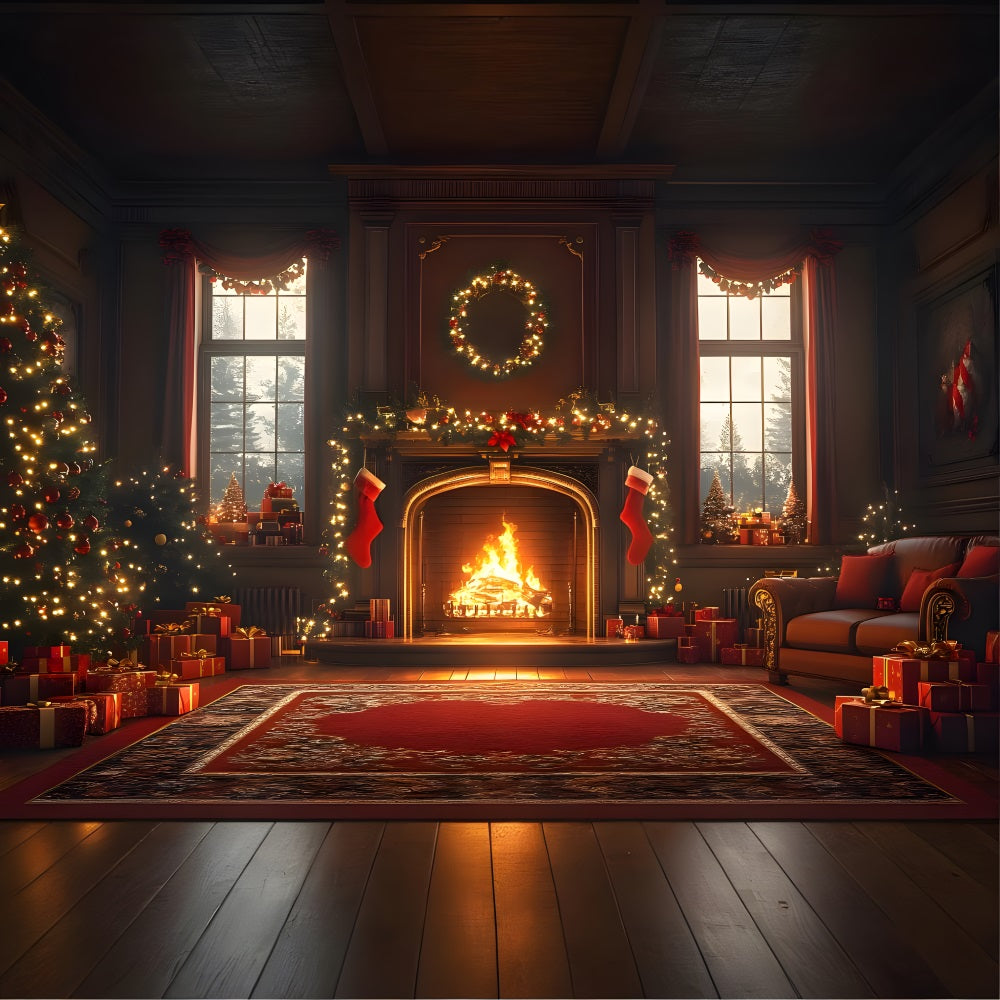 Toile de Fond de Foyer Confortable avec Nœuds Rouges de Noël RR8-261
