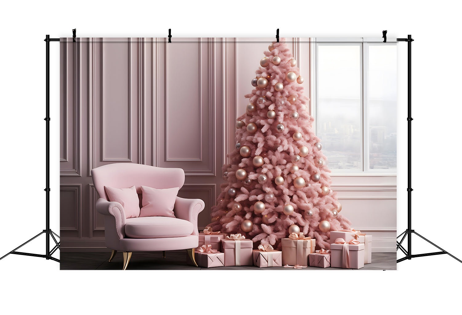 Toile de Fond de Salon Élégant Rose avec Arbre de Noël RR8-263