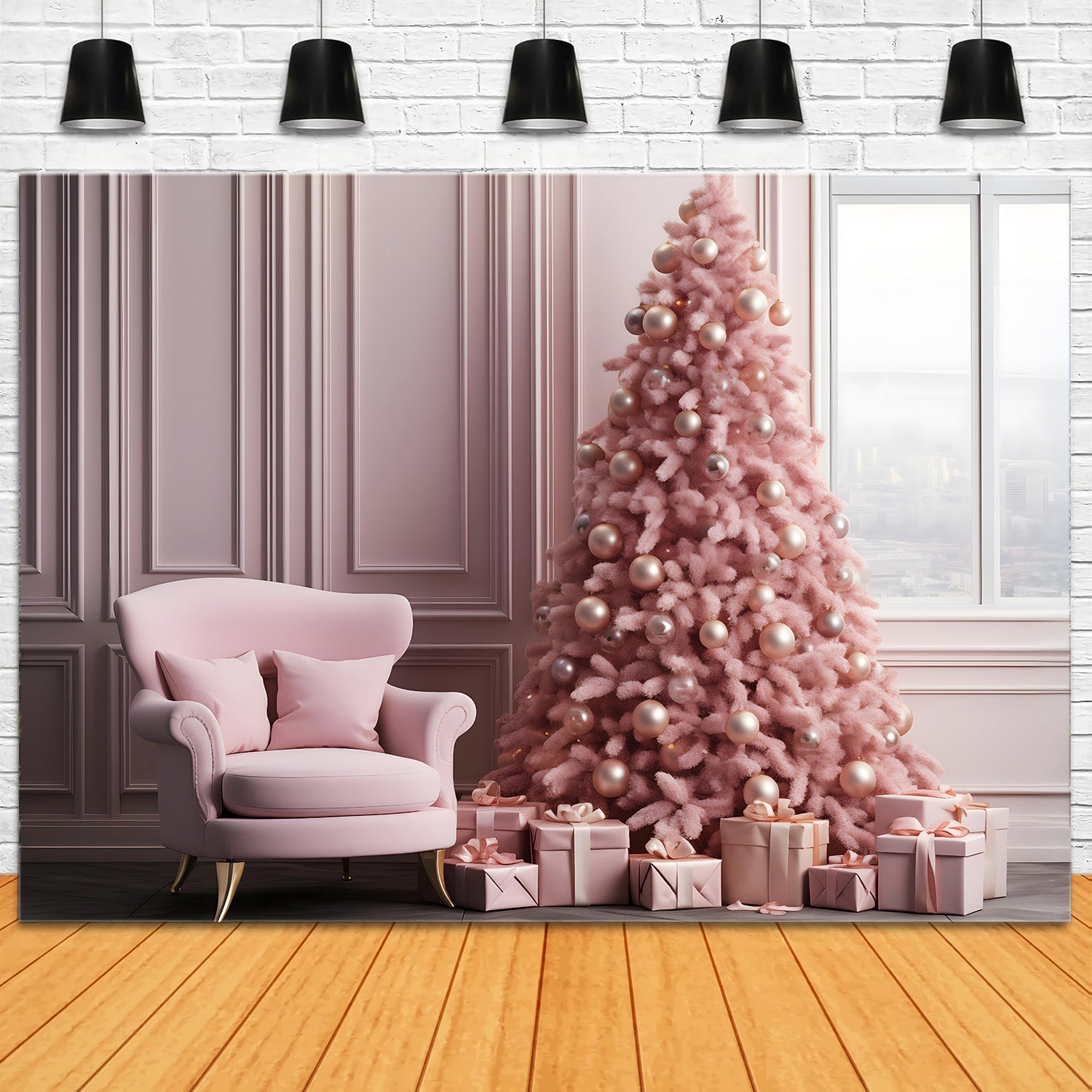 Toile de Fond de Salon Élégant Rose avec Arbre de Noël RR8-263