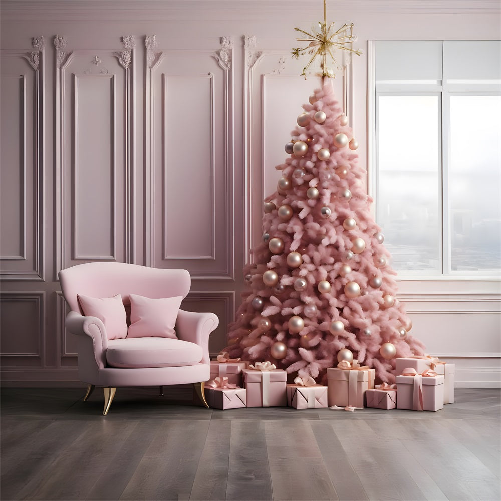 Toile de Fond de Salon Élégant Rose avec Arbre de Noël RR8-263