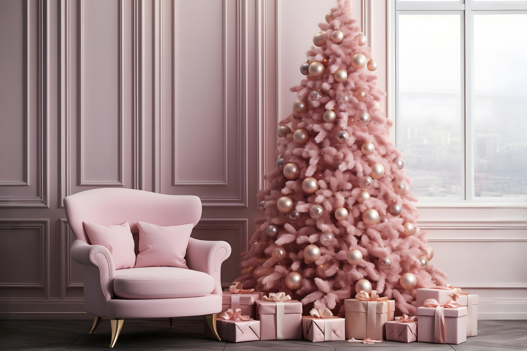 Toile de Fond de Salon Élégant Rose avec Arbre de Noël RR8-263