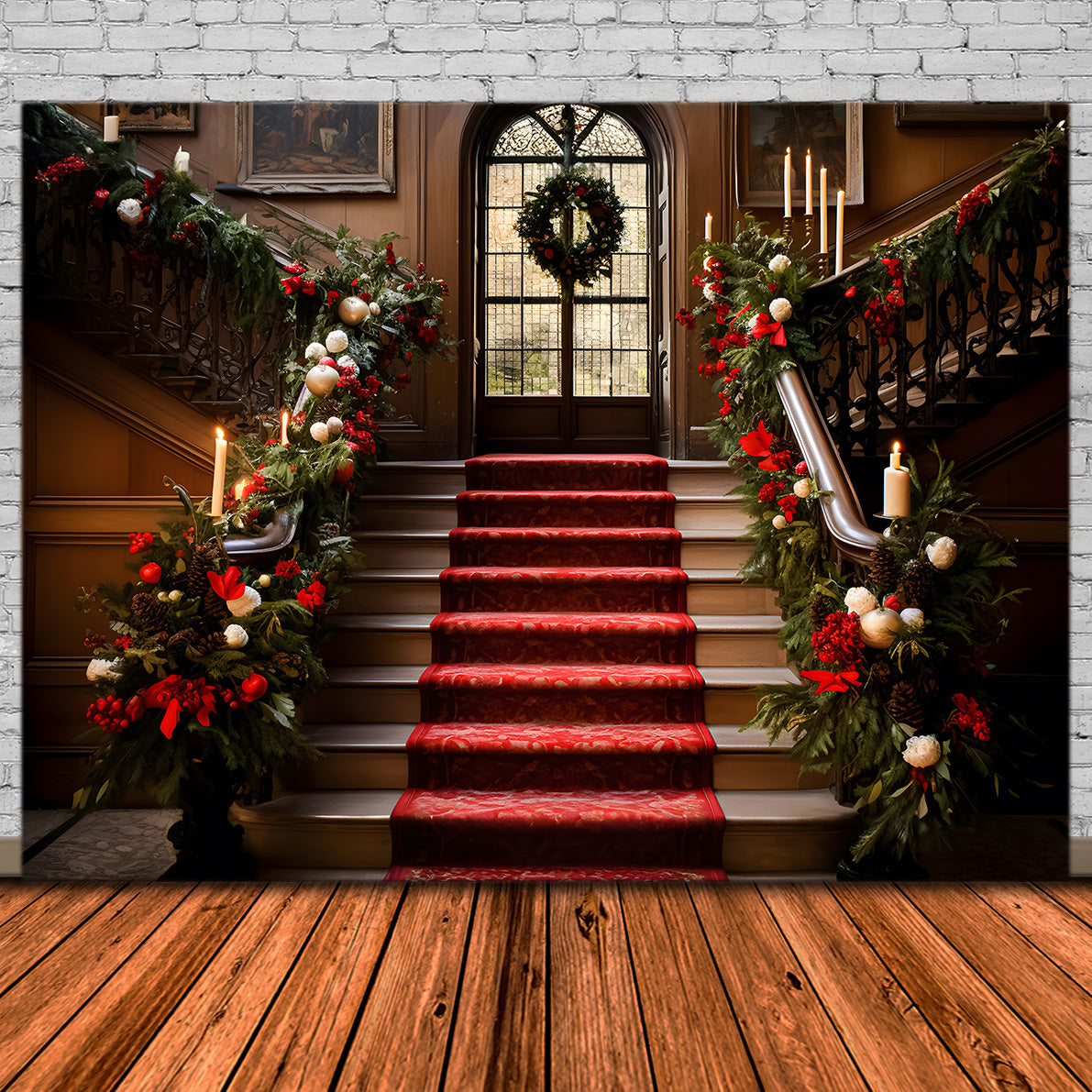 Toile de Fond de Grand Escalier avec Guirlande Festive de Noël RR8-265